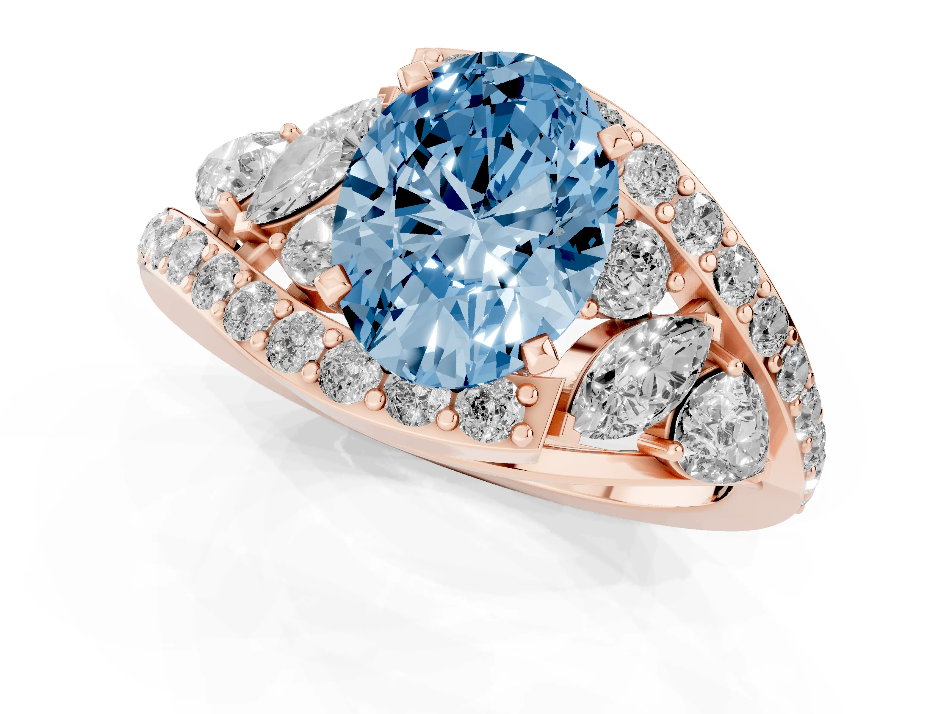 Fancy Blue Oval Cut Diamond Halo Ring Set in Rose gold with Marquise and Pavé Band in Prong Setting