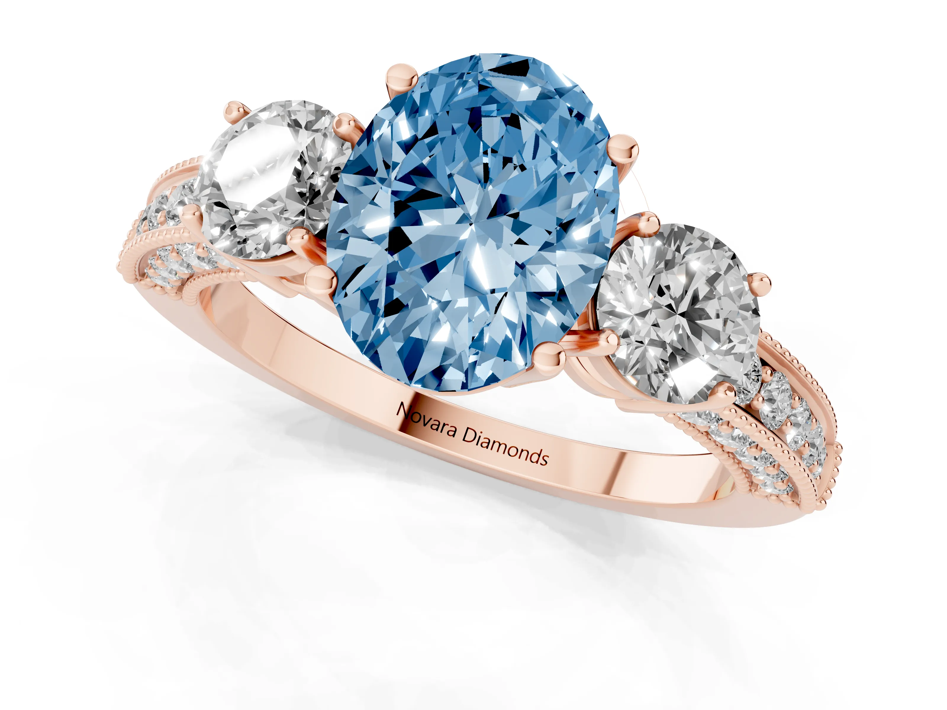Fancy Blue Oval Cut Diamond Three-Stone Ring Set in Rose gold with Round Side Stones and Pavé Band