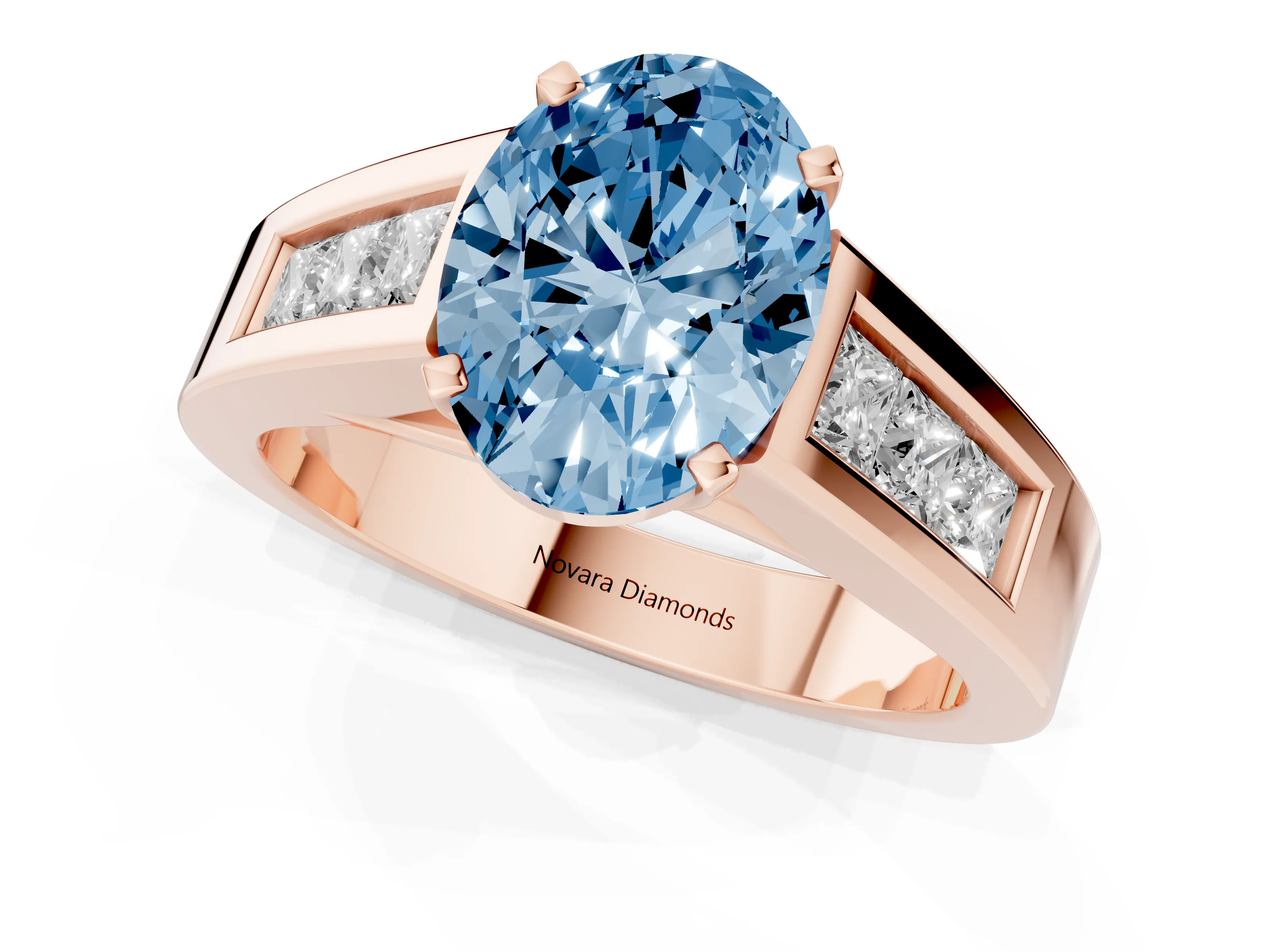 Fancy Blue Oval Cut Diamond Solitaire Ring Set in Rose gold with Channel-Set Accent Stones and Prong Setting
