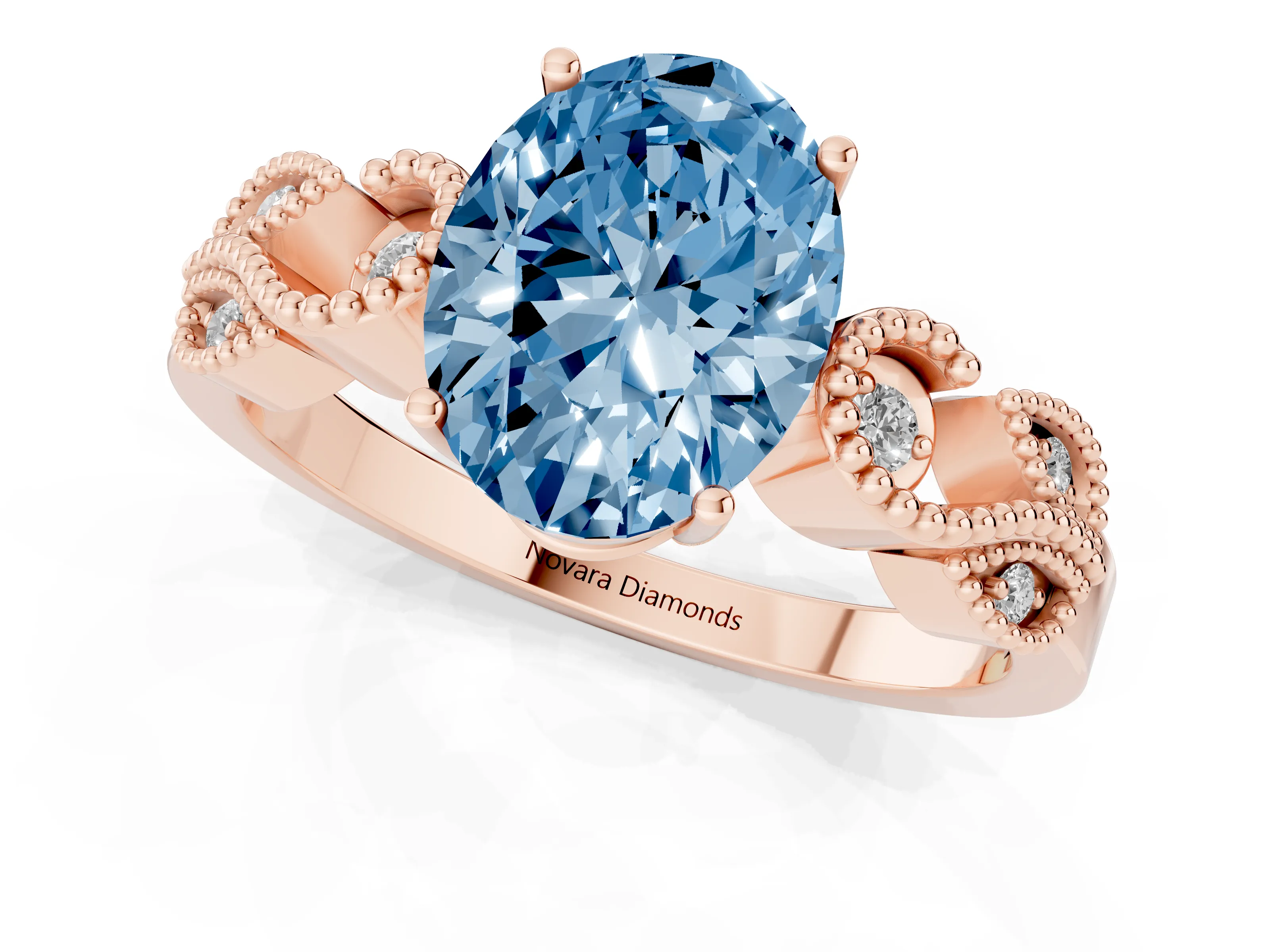 Fancy Blue Oval Cut Diamond Milgrain Leaf Band Solitaire Ring Set in Rose gold with Accent Stones and Prong Setting