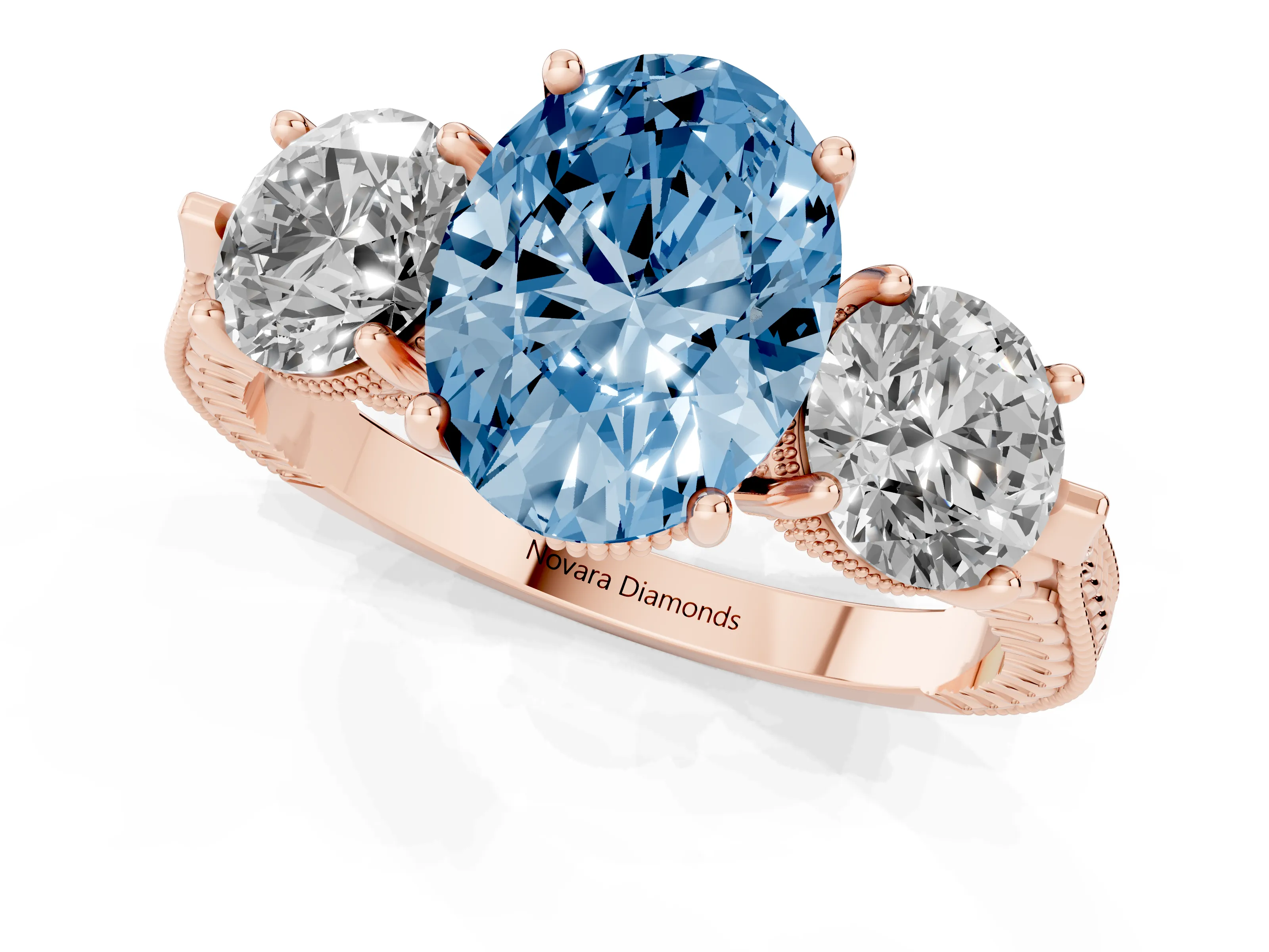 Fancy Blue Oval Cut Diamond Three-Stone Ring Set in Rose gold with Milgrain Band