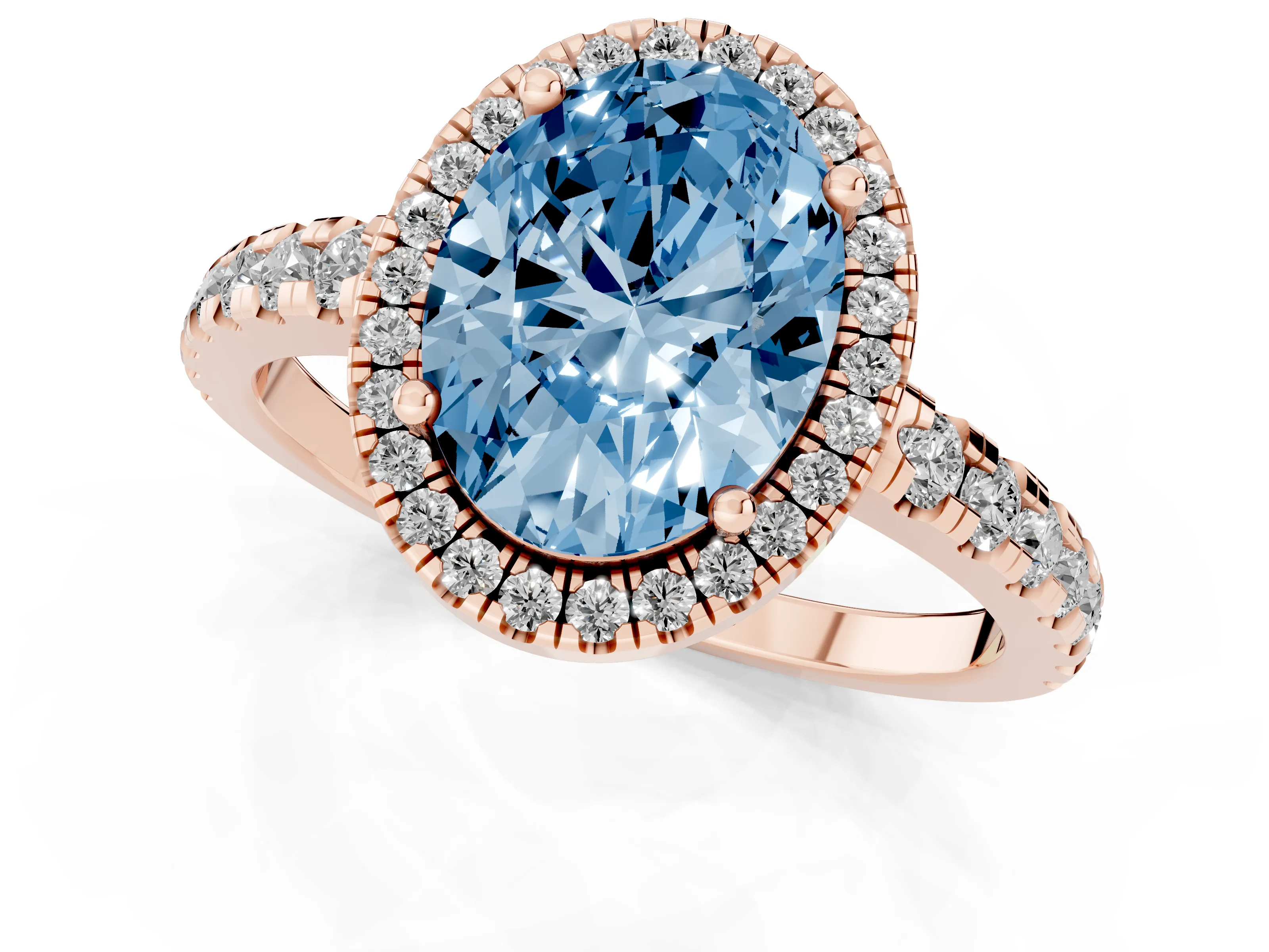 Fancy Blue Oval Cut Diamond Halo Ring Set in Rose gold with Delicate Pavé Band and Prong Setting