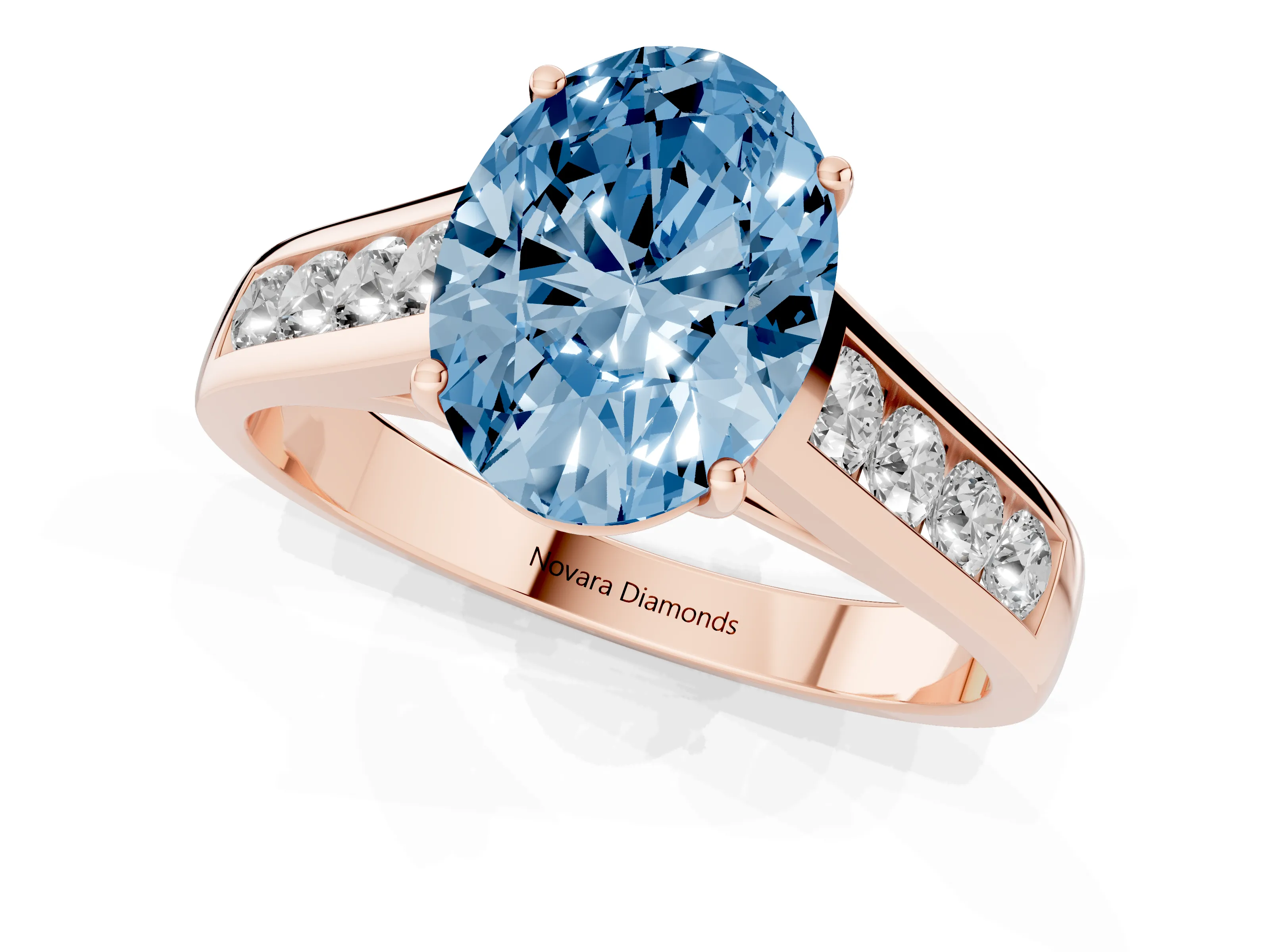 Fancy Blue Oval Cut Diamond Solitaire Channel-Set Engagement Ring Set in Rose gold with Prong Setting