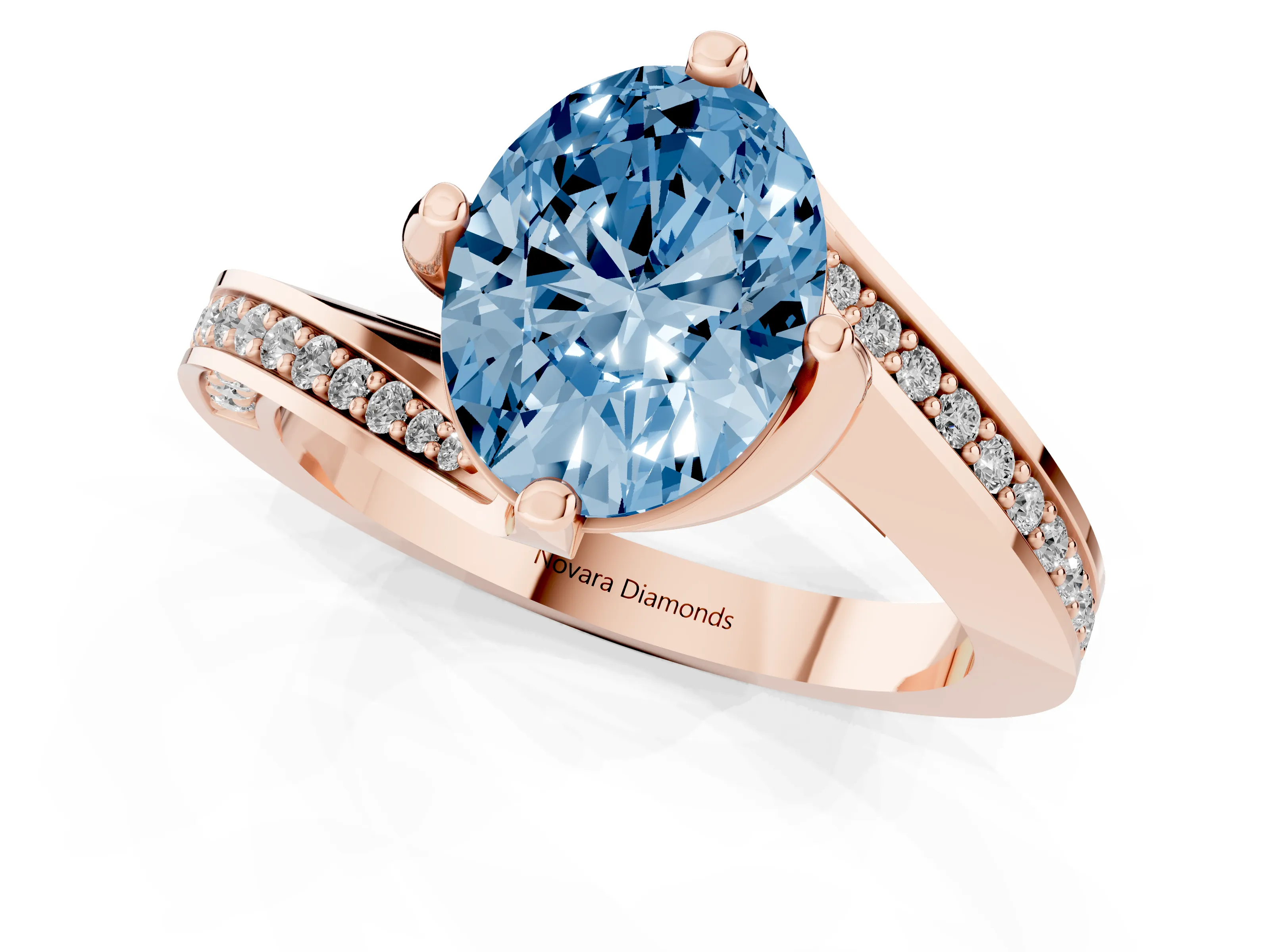 Fancy Blue Oval Cut Diamond Solitaire Ring Set in Rose gold with Intertwined Pavé Twist Band