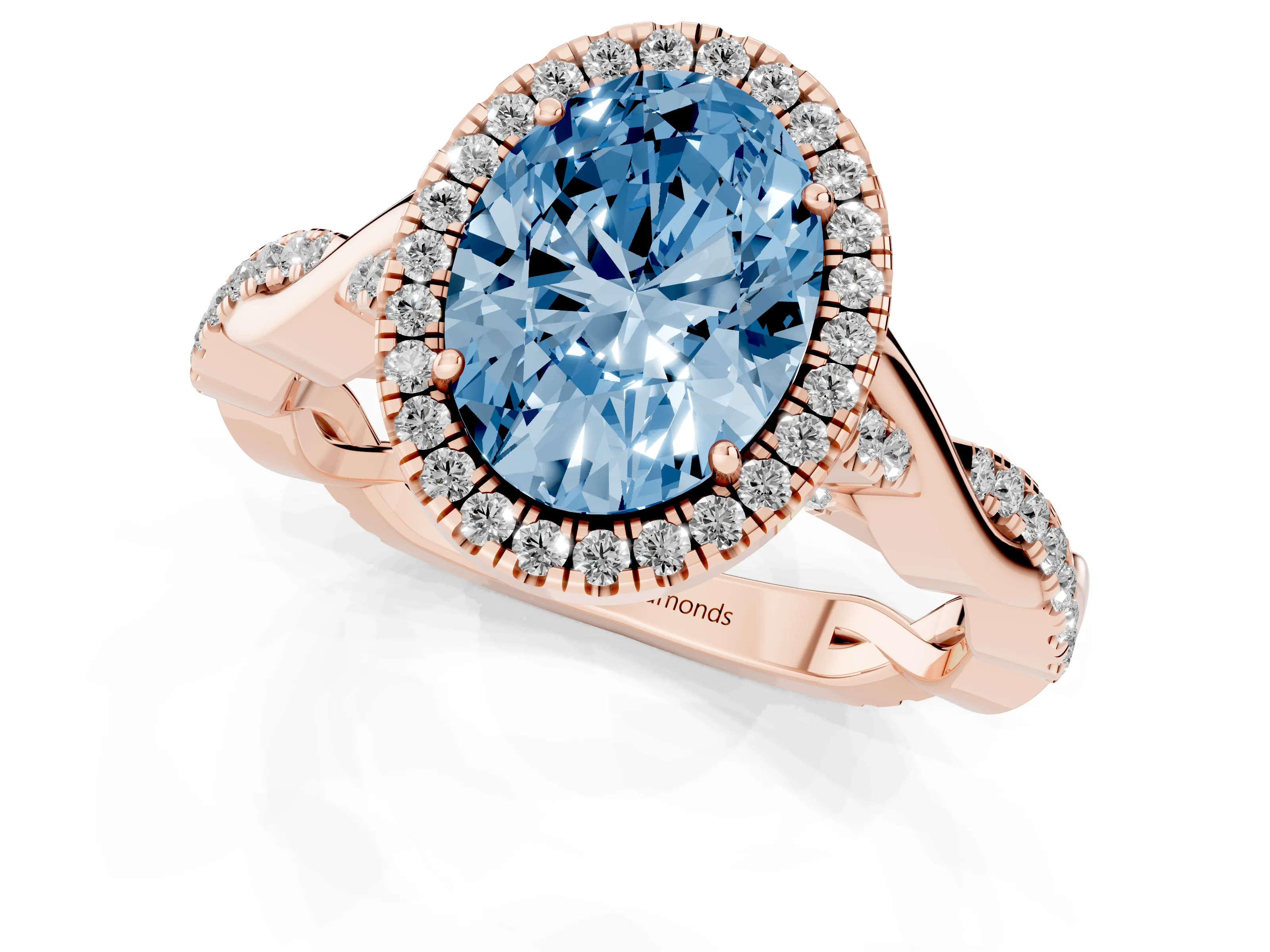 Fancy Blue Oval Cut Diamond Halo Twist Band Solitaire Ring Set in Rose gold with Prong Setting