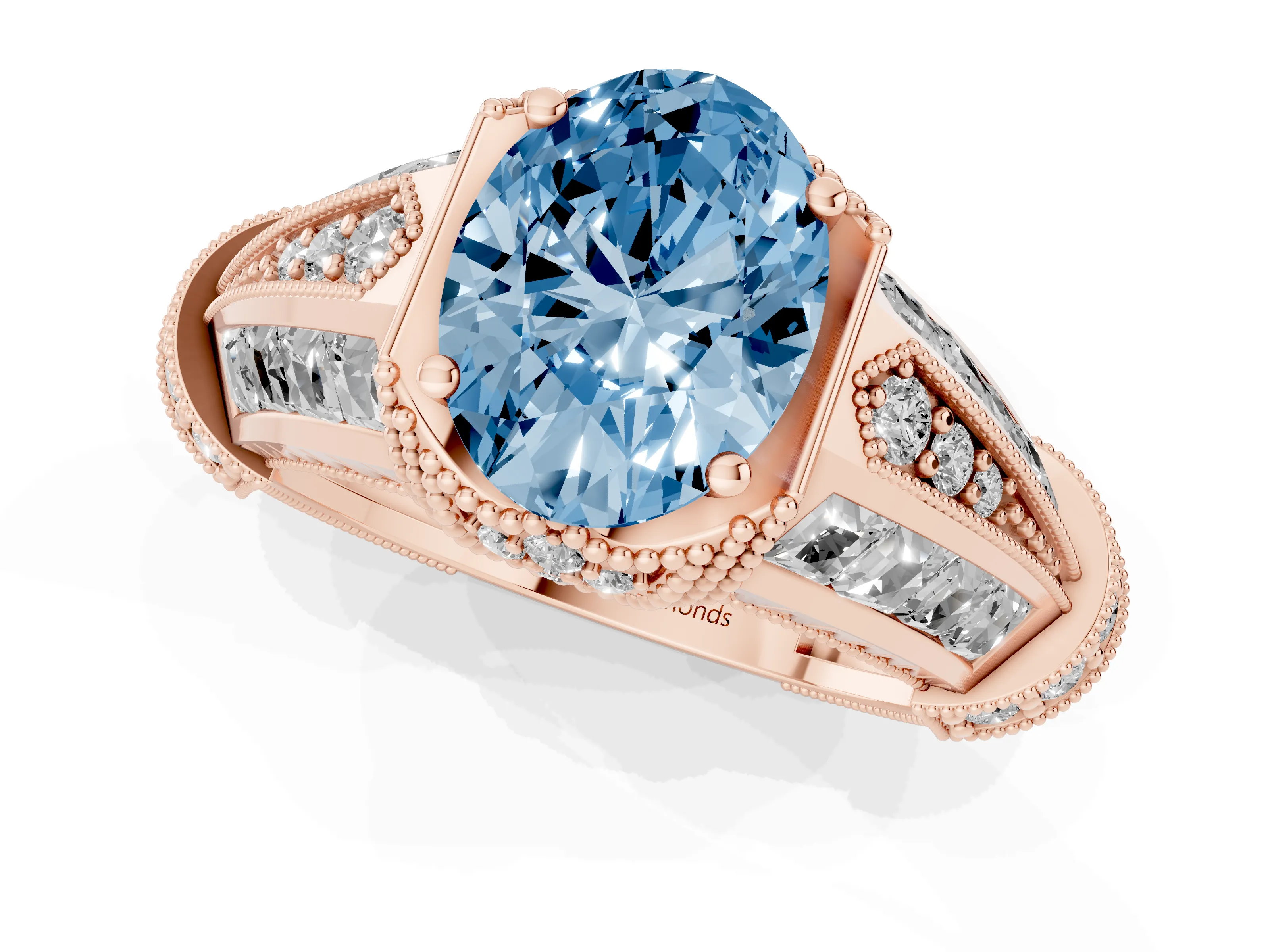 Fancy Blue Oval Cut Diamond Vintage-Inspired Milgrain Ring Set in Rose gold with Accent Split Shank
