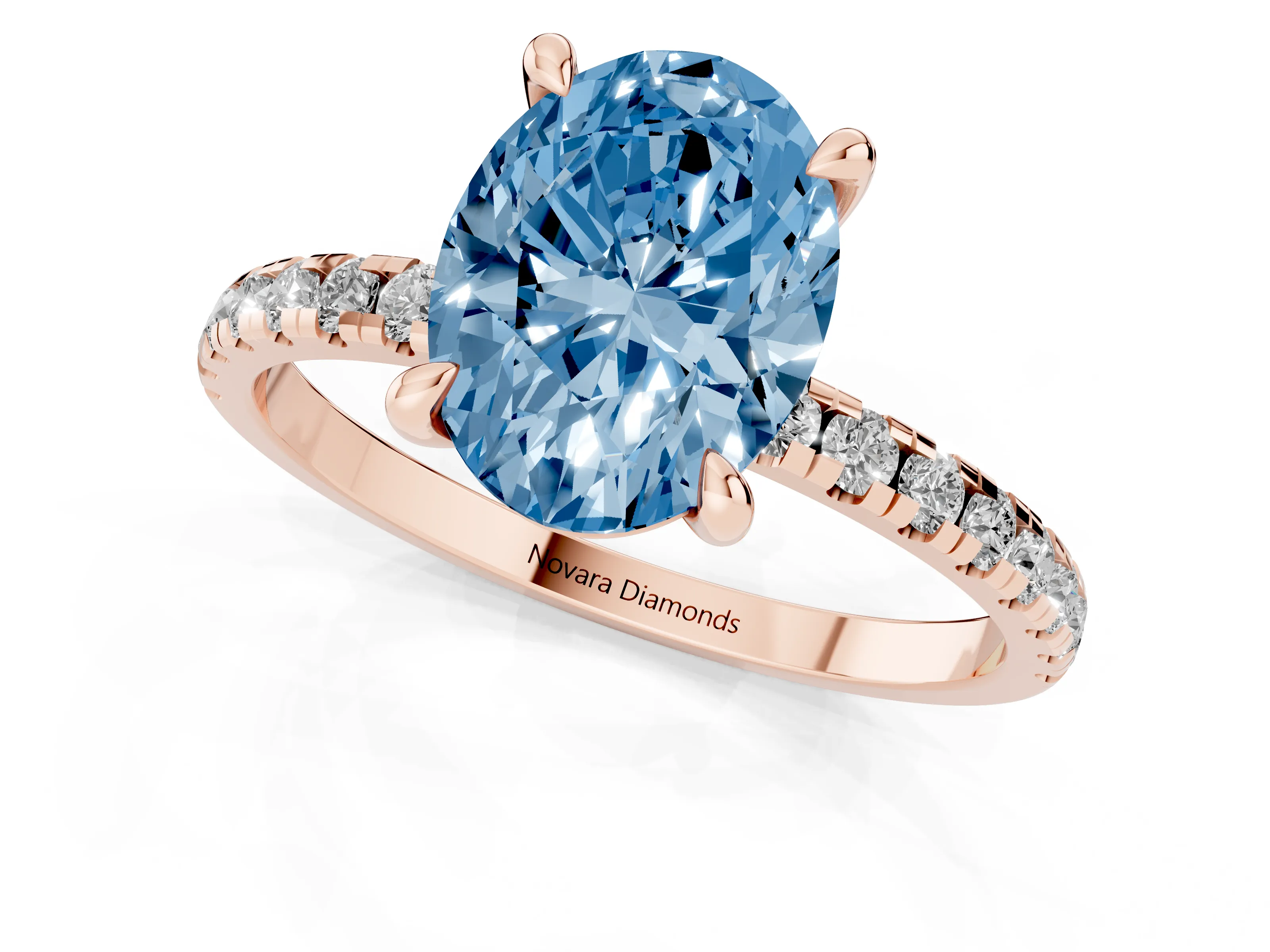 Fancy Blue Oval Cut Diamond Brilliant Solitaire Ring Set in Rose gold with Pavé Band and Prong Setting