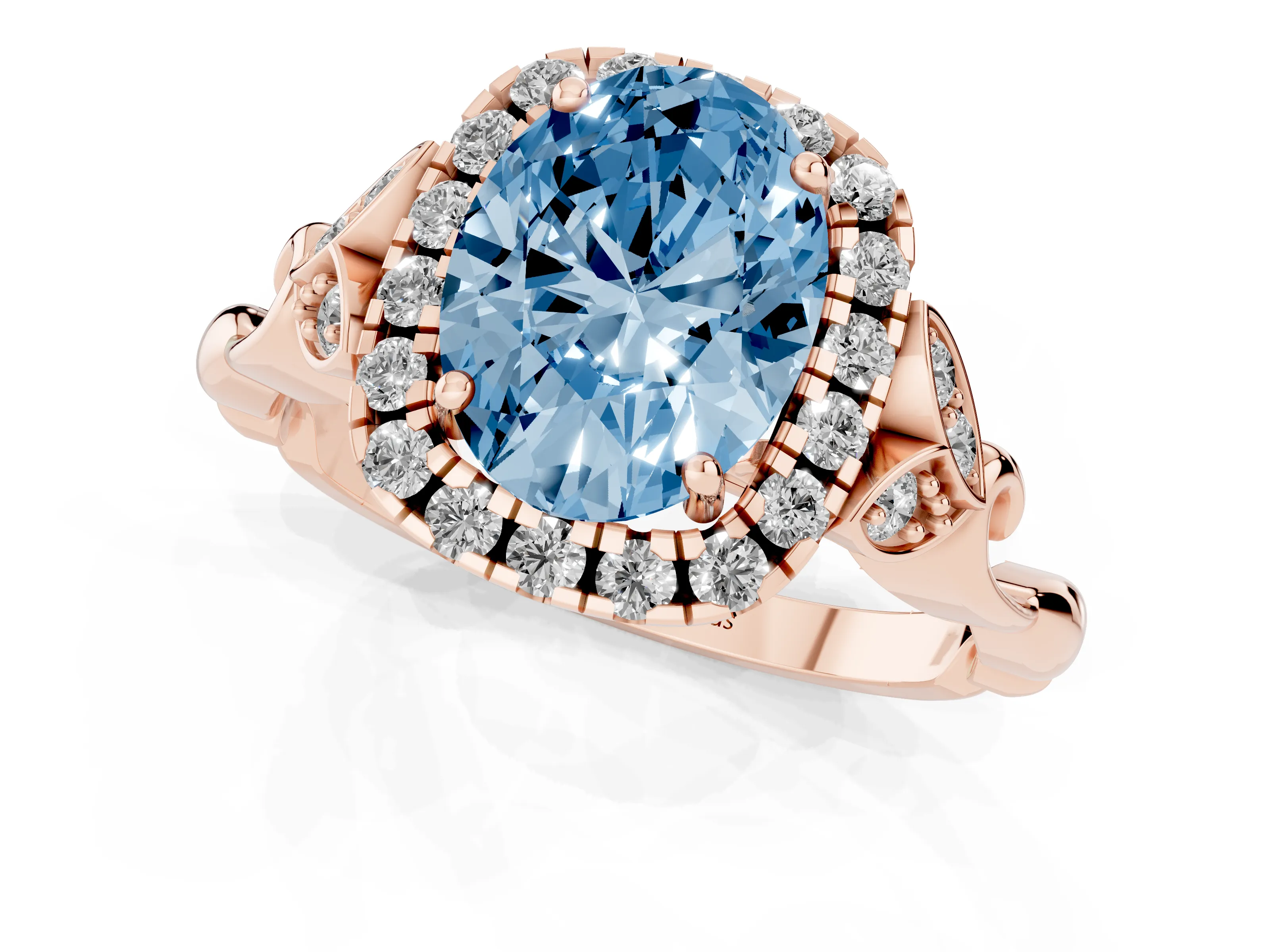 Fancy Blue Oval Cut Diamond Halo Engagement Ring Set in Rose gold with Vintage-Inspired Band and Prong Setting