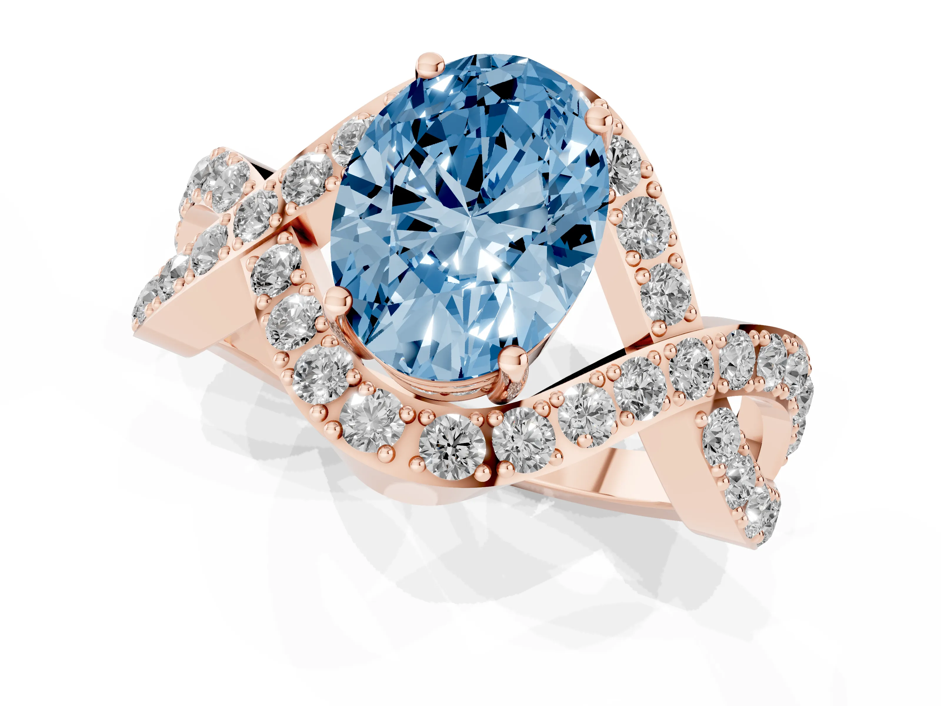 Fancy Blue Oval Cut Diamond Solitaire Twist Band Pavé Engagement Ring Set in Rose gold