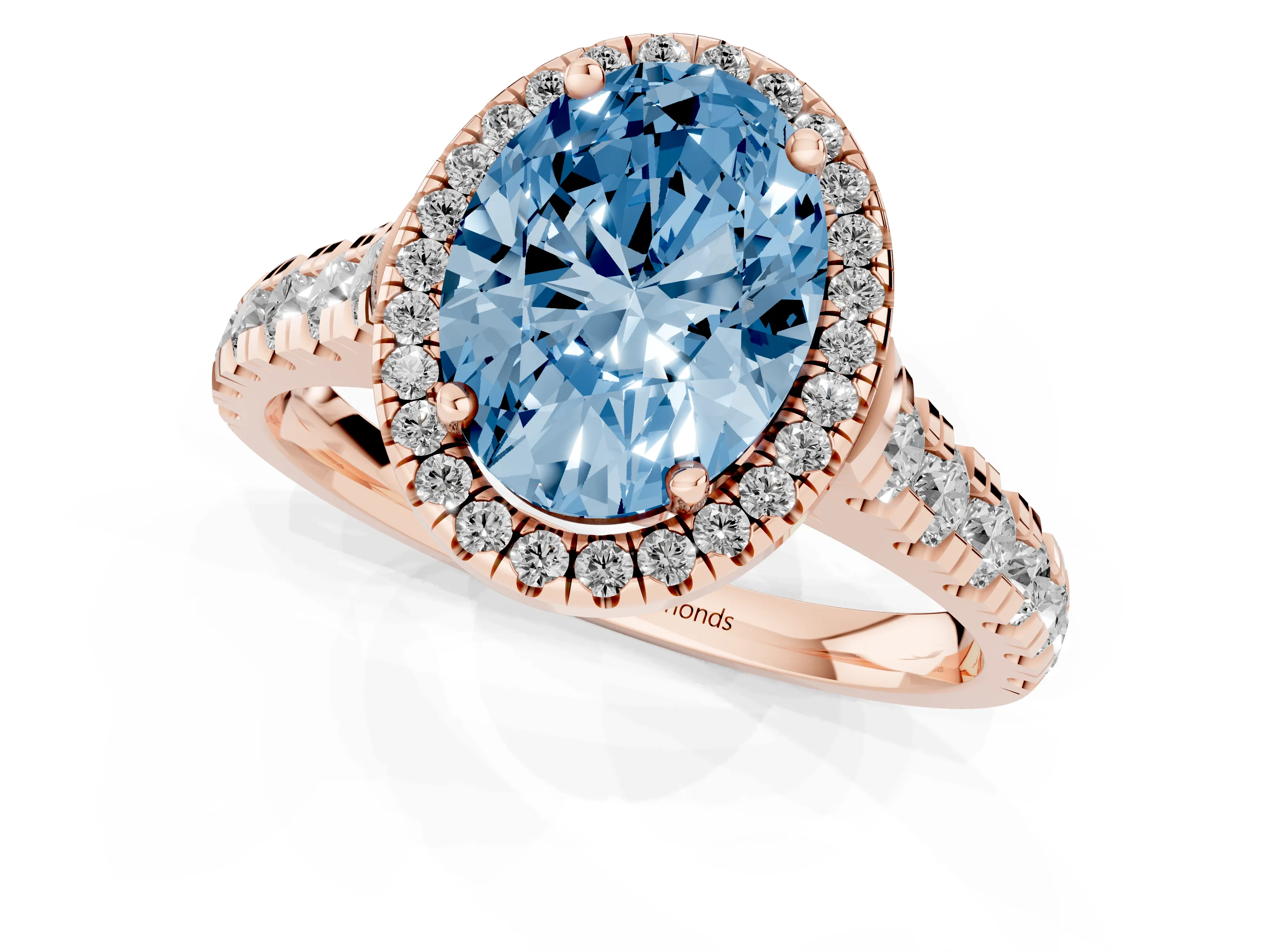 Fancy Blue Oval Cut Diamond Halo Engagement Ring Set in Rose gold with Pavé Band and Prong-Set Center