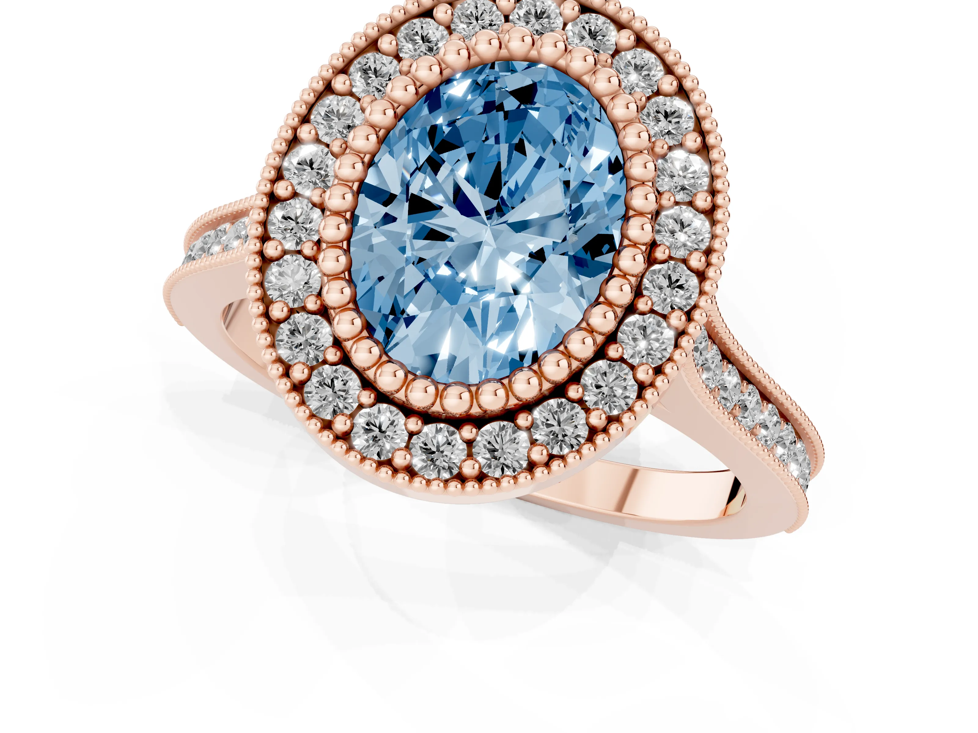 Fancy Blue Oval Cut Diamond Halo Ring Set in Rose gold with Milgrain Frame and Pavé Band