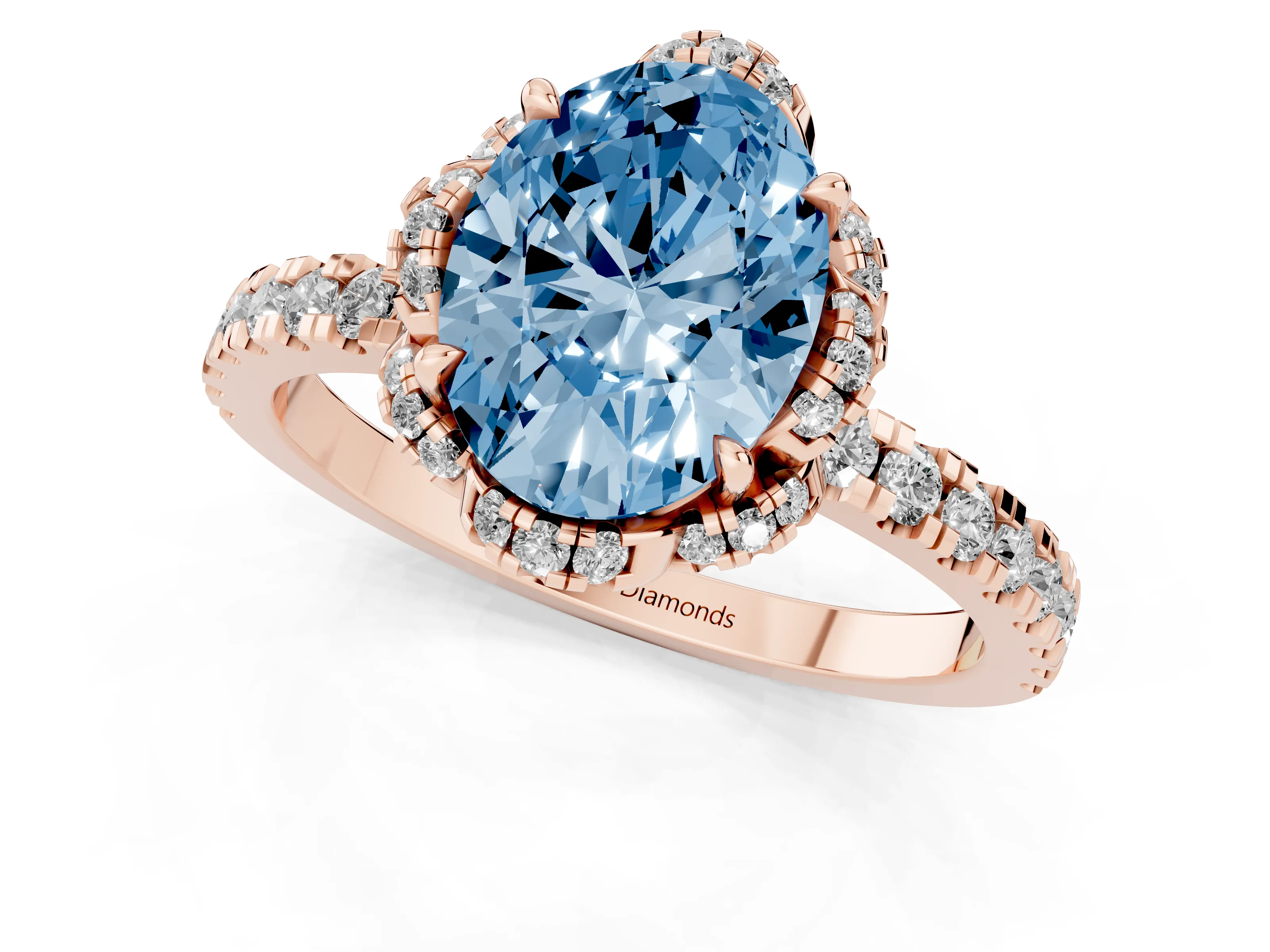 Fancy Blue Oval Cut Diamond Halo Pavé Band Ring Set in Rose gold with Prong-Held Center