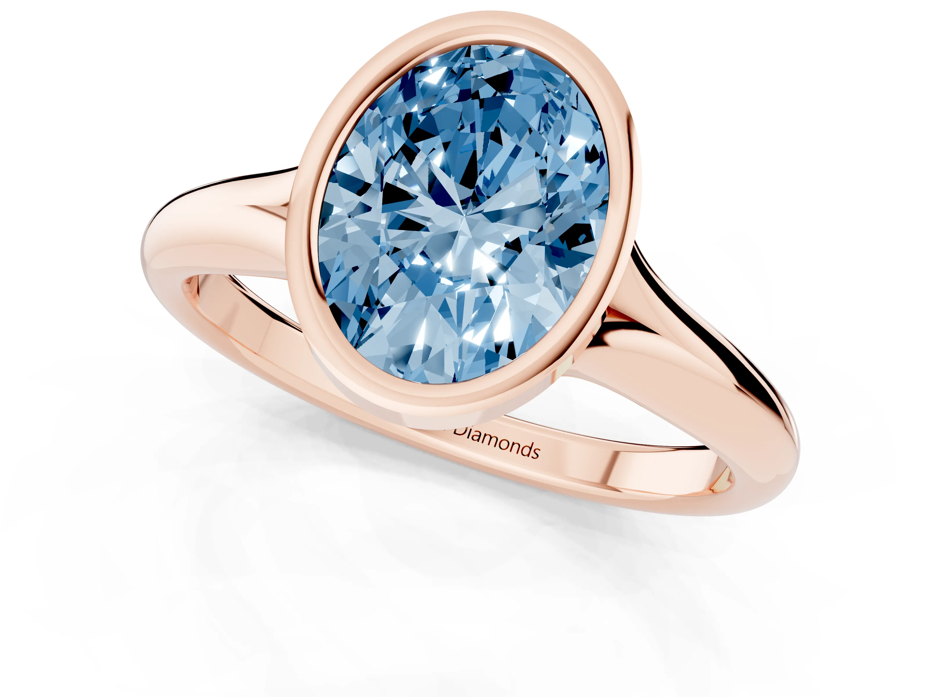 Fancy Blue Bezel Set Oval Cut Diamond Solitaire Ring Set in Rose gold with Smooth Band