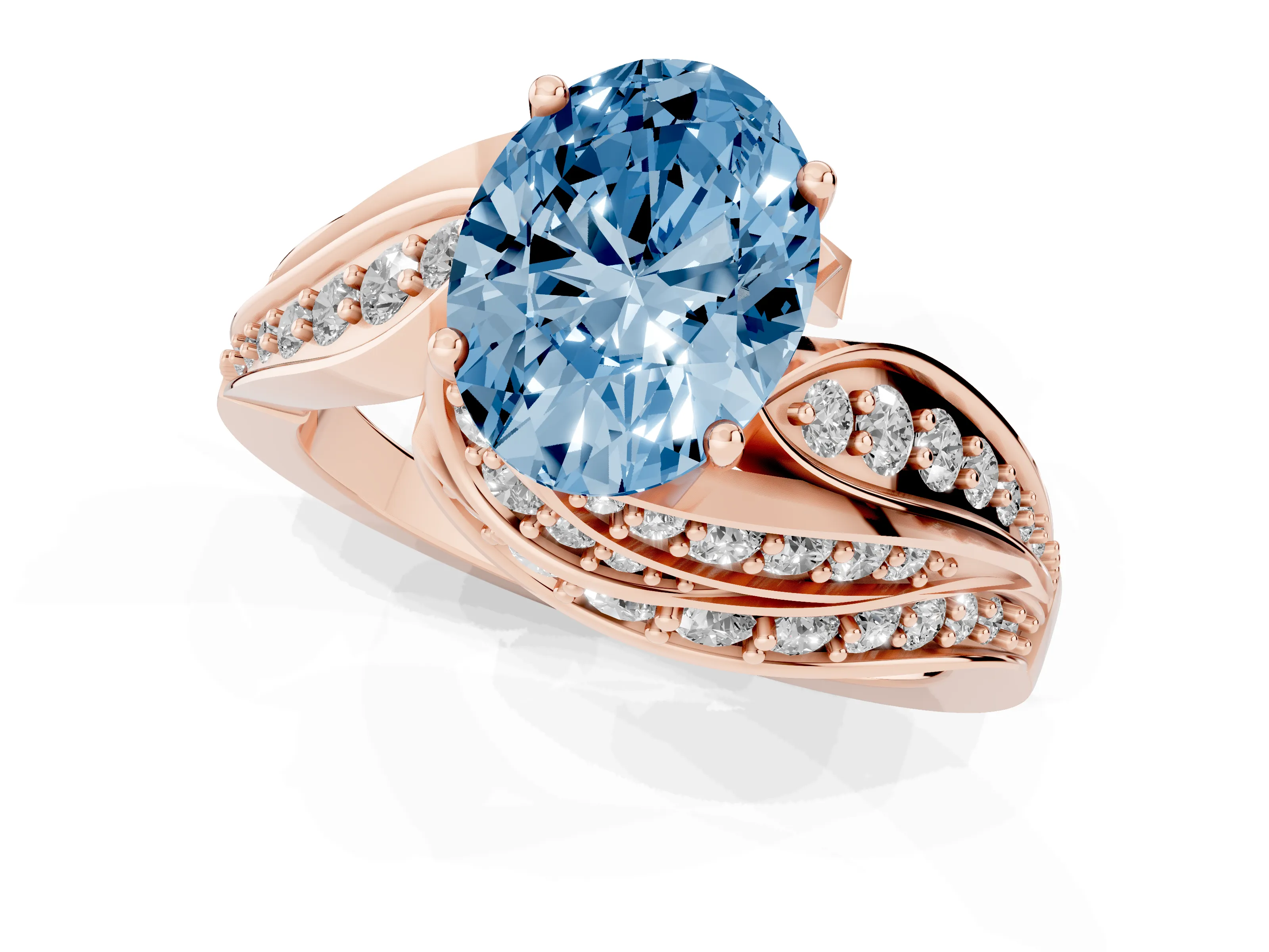 Fancy Blue Oval Cut Diamond Solitaire Ring Set in Rose gold with Layered Twist Pavé Band