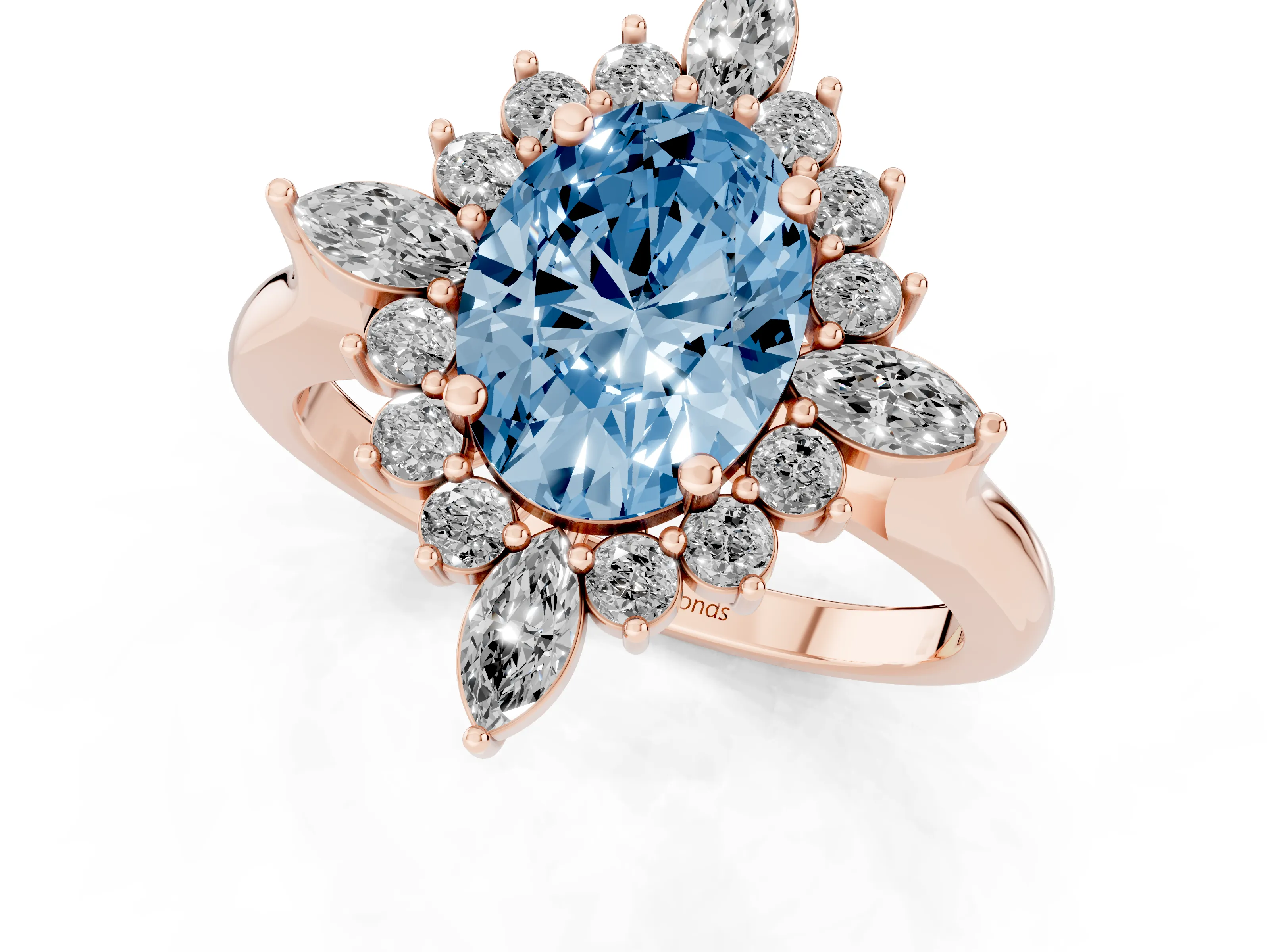 Fancy Blue Oval Cut Diamond Cluster Halo Ring Set in Rose gold with Marquise and Round Accents