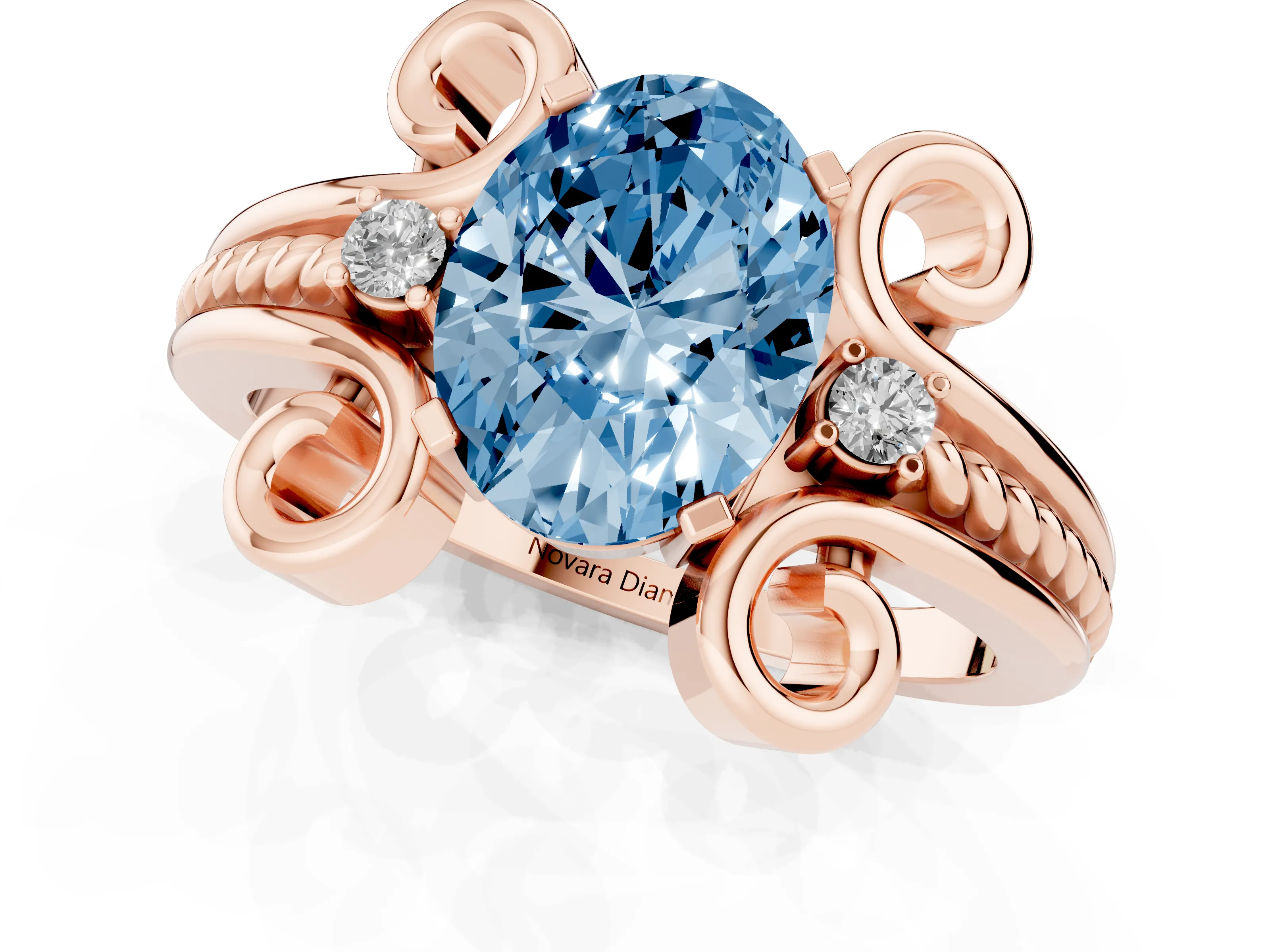 Fancy Blue Oval Cut Diamond Twisted Band Solitaire Ring Set in Rose gold with Scroll Prongs