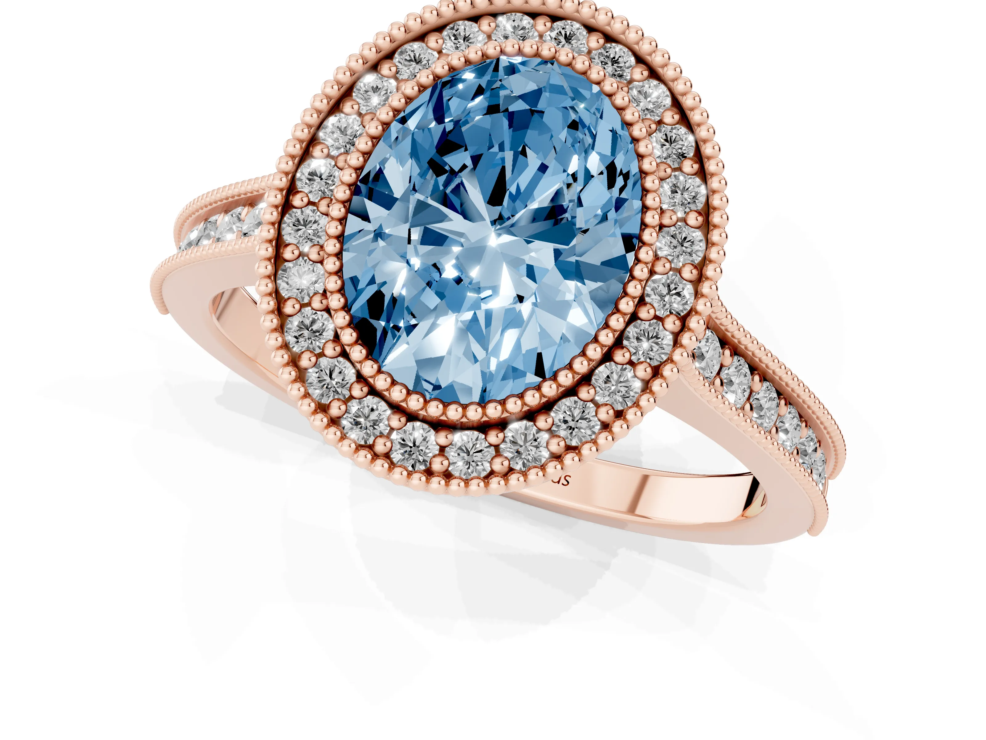 Fancy Blue Oval Cut Diamond Halo Milgrain Pavé Band Ring Set in Rose gold with Prong Setting