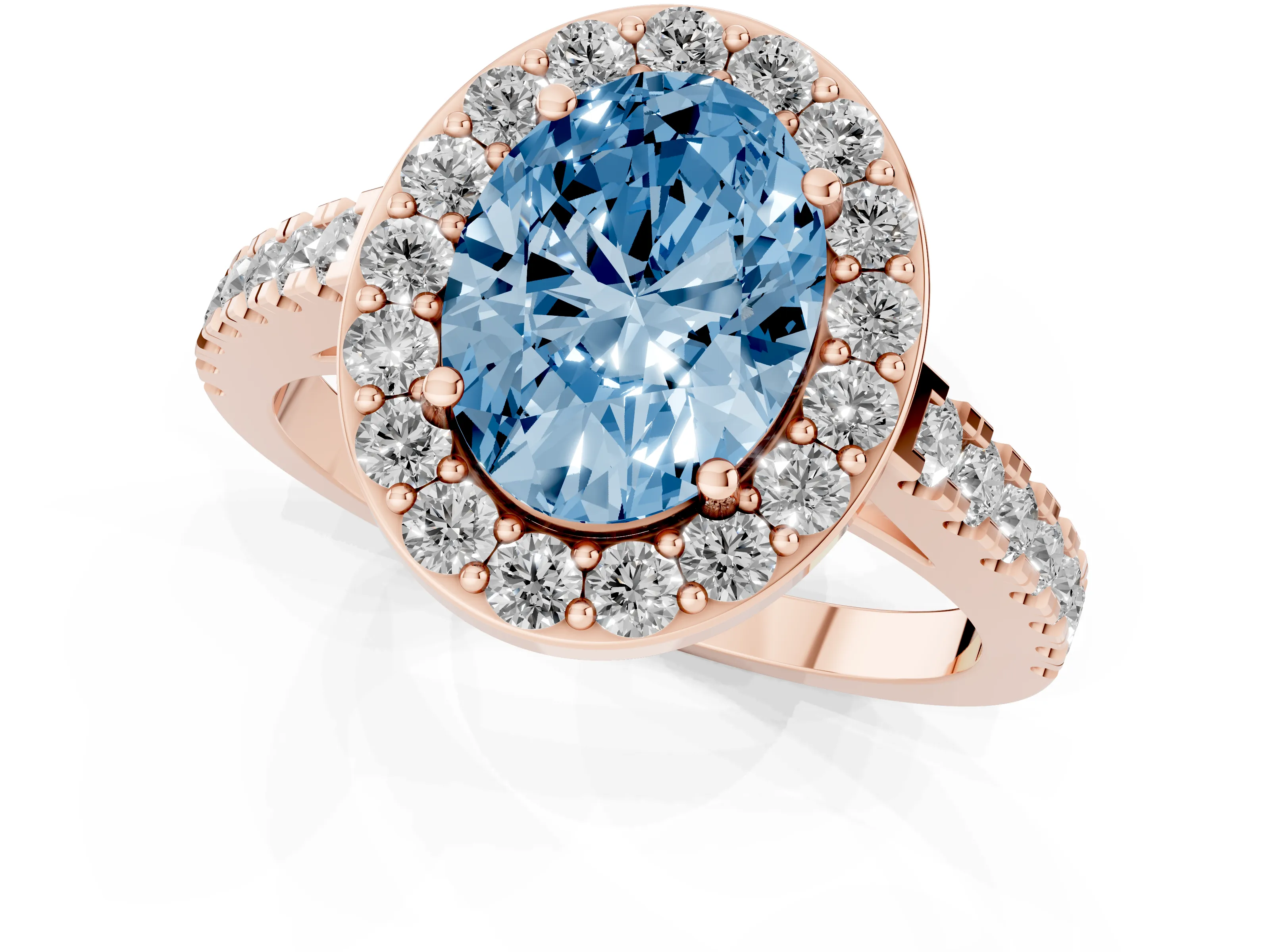Fancy Blue Oval Cut Diamond Halo Ring Set in Rose gold with Round Pavé Split Shank and Prong Setting