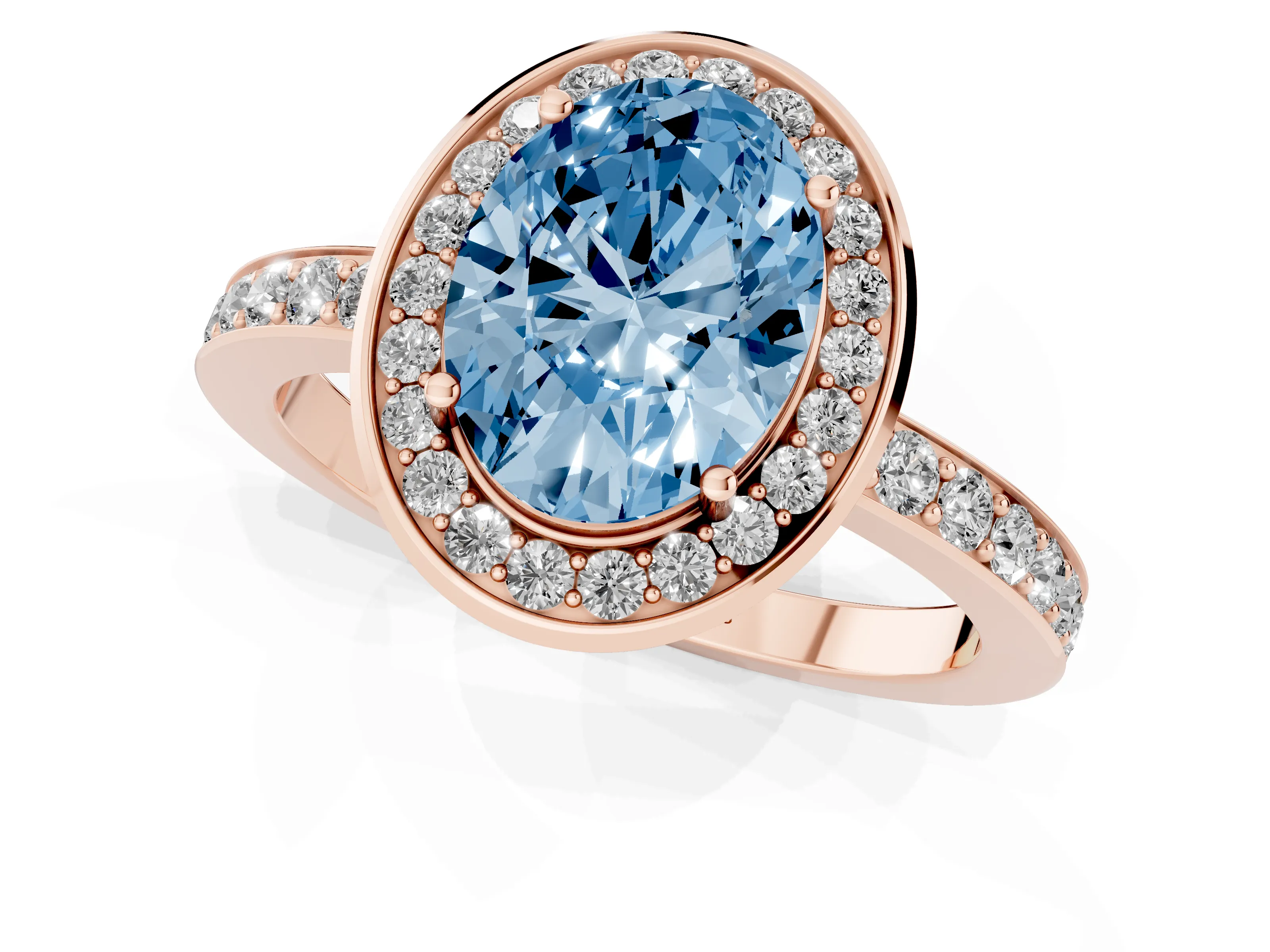 Fancy Blue Oval Cut Diamond Halo Ring Set in Rose gold with Bezel Frame and Pavé Band