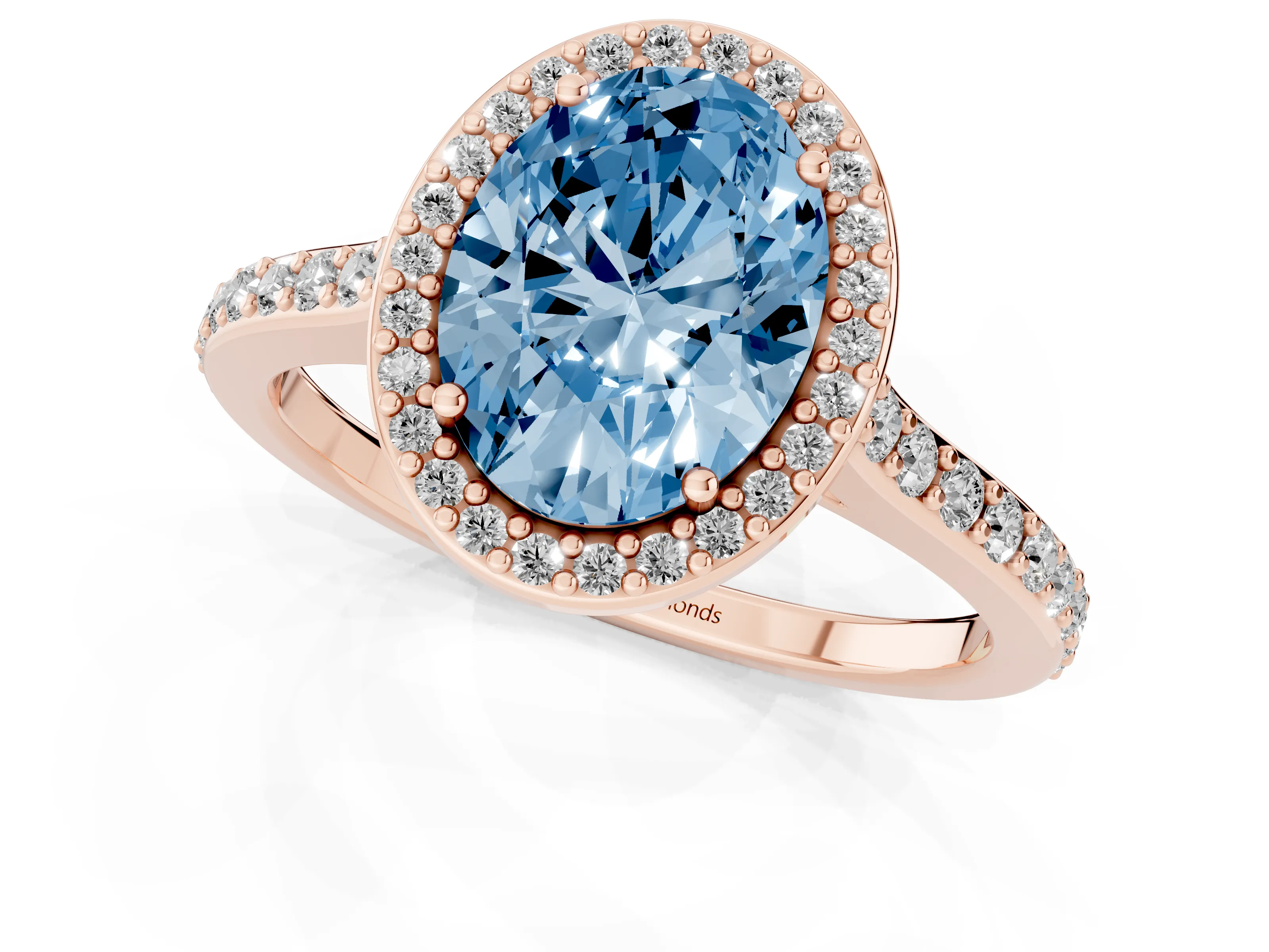 Fancy Blue Oval Cut Diamond Halo Engagement Ring Set in Rose gold with Round Pavé Shoulders and Heart Gallery