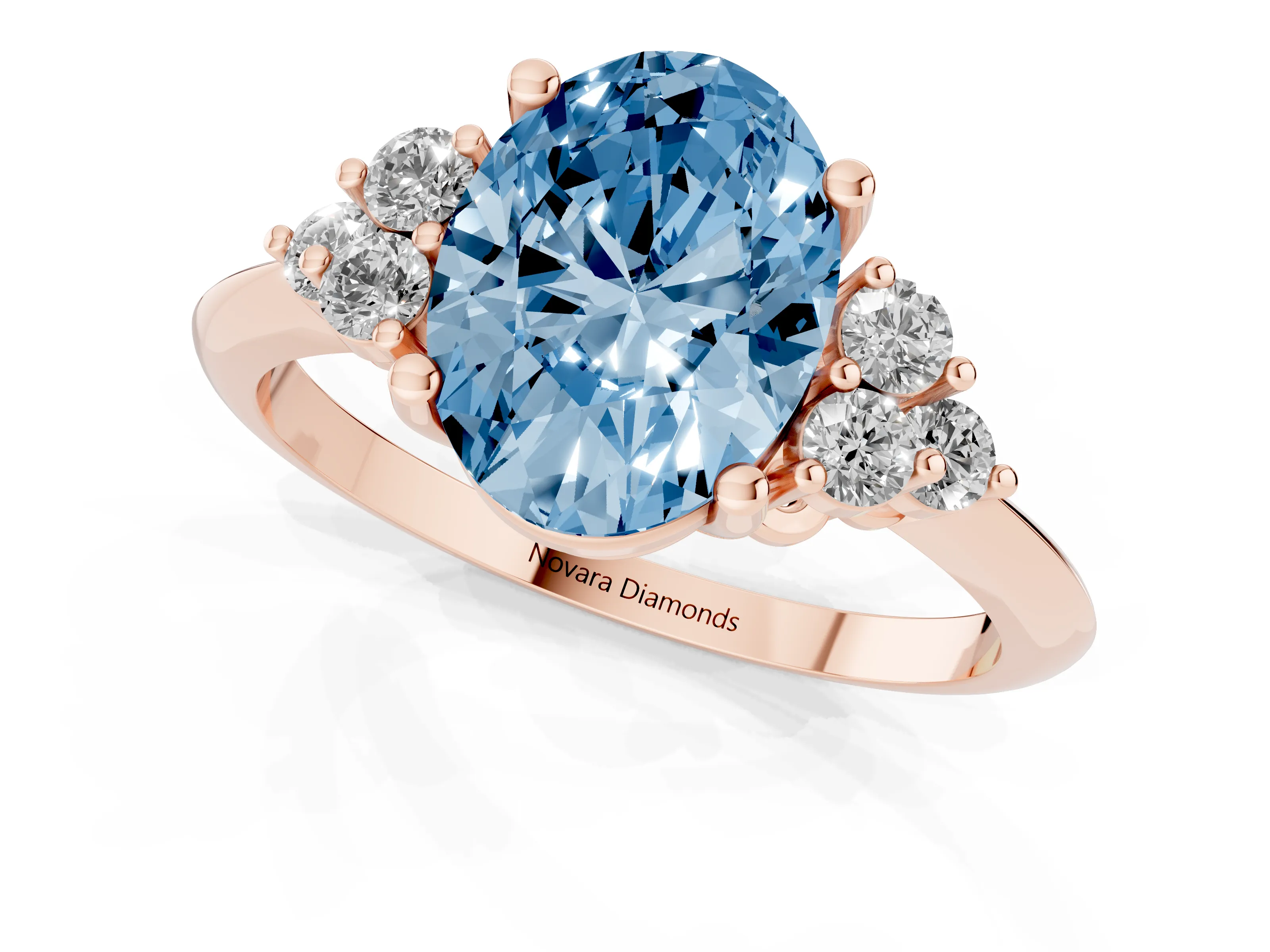 Fancy Blue Oval Cut Diamond Cluster Ring Set in Rose gold with Plain Band and Prong Setting