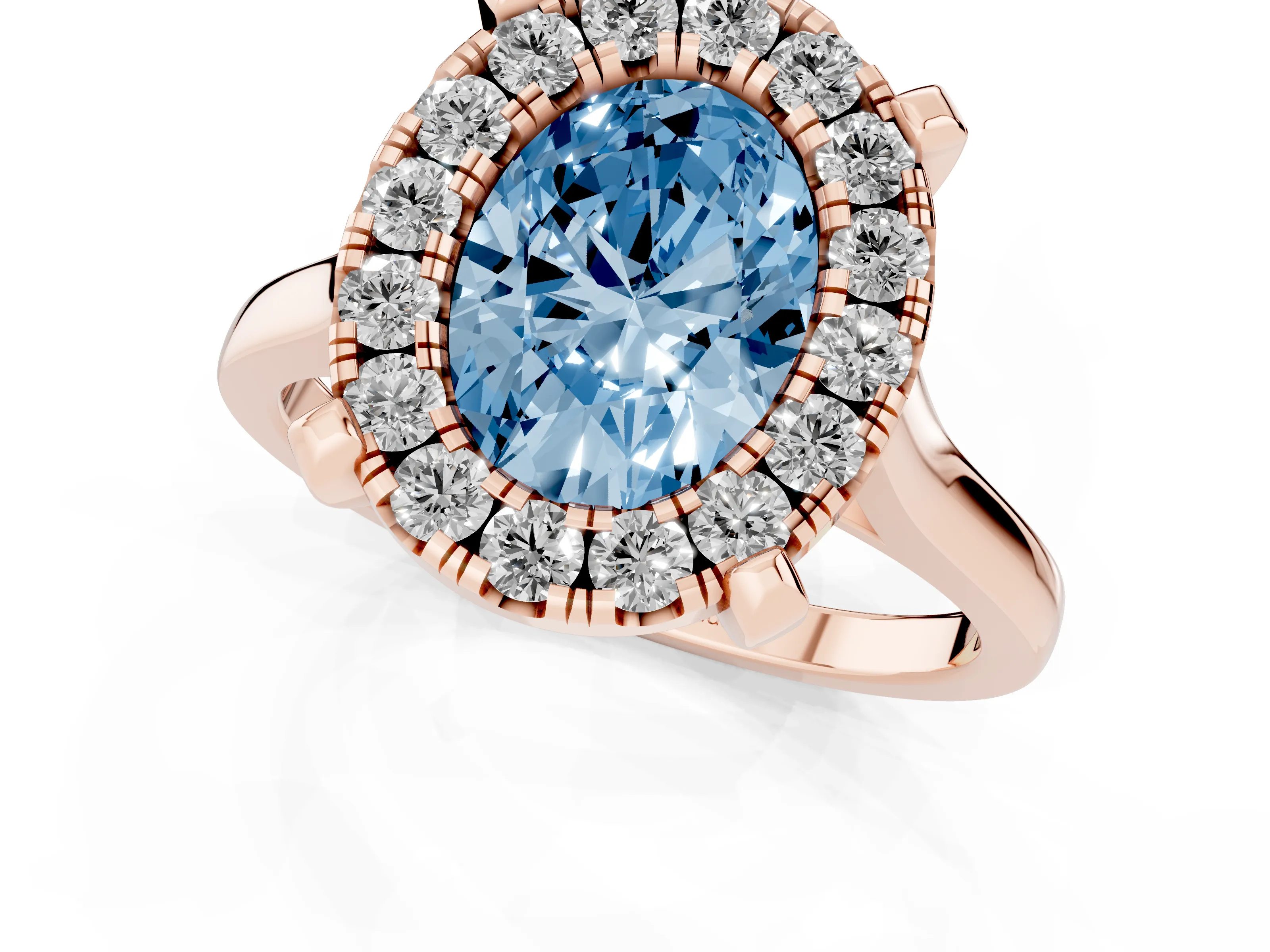 Fancy Blue Oval Cut Diamond Cluster Halo Solitaire Ring Set in Rose gold with Prong Setting