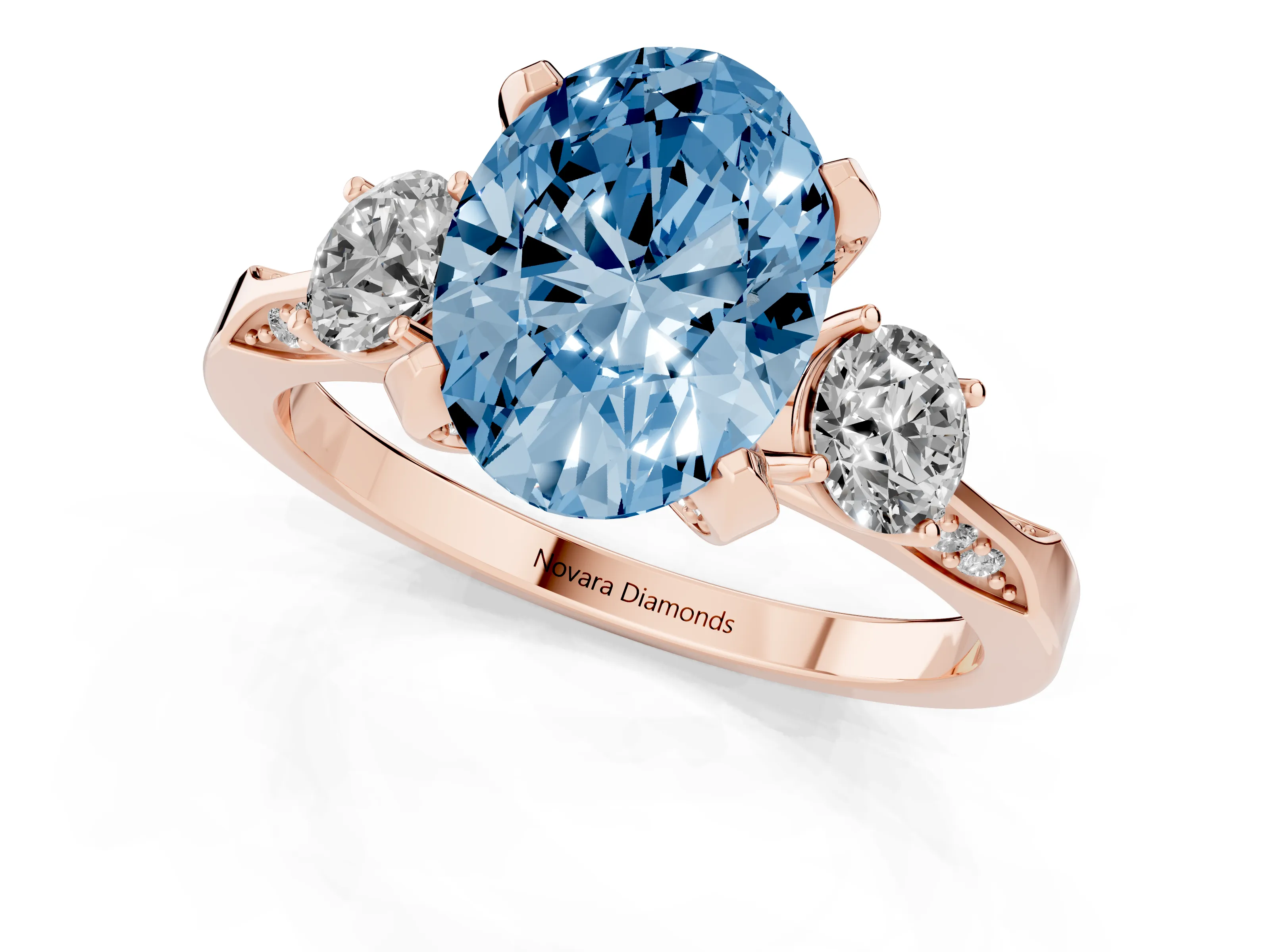 Fancy Blue Oval Cut Diamond Three-Stone Ring Set in Rose gold with Pavé Band and Smaller Side Stones