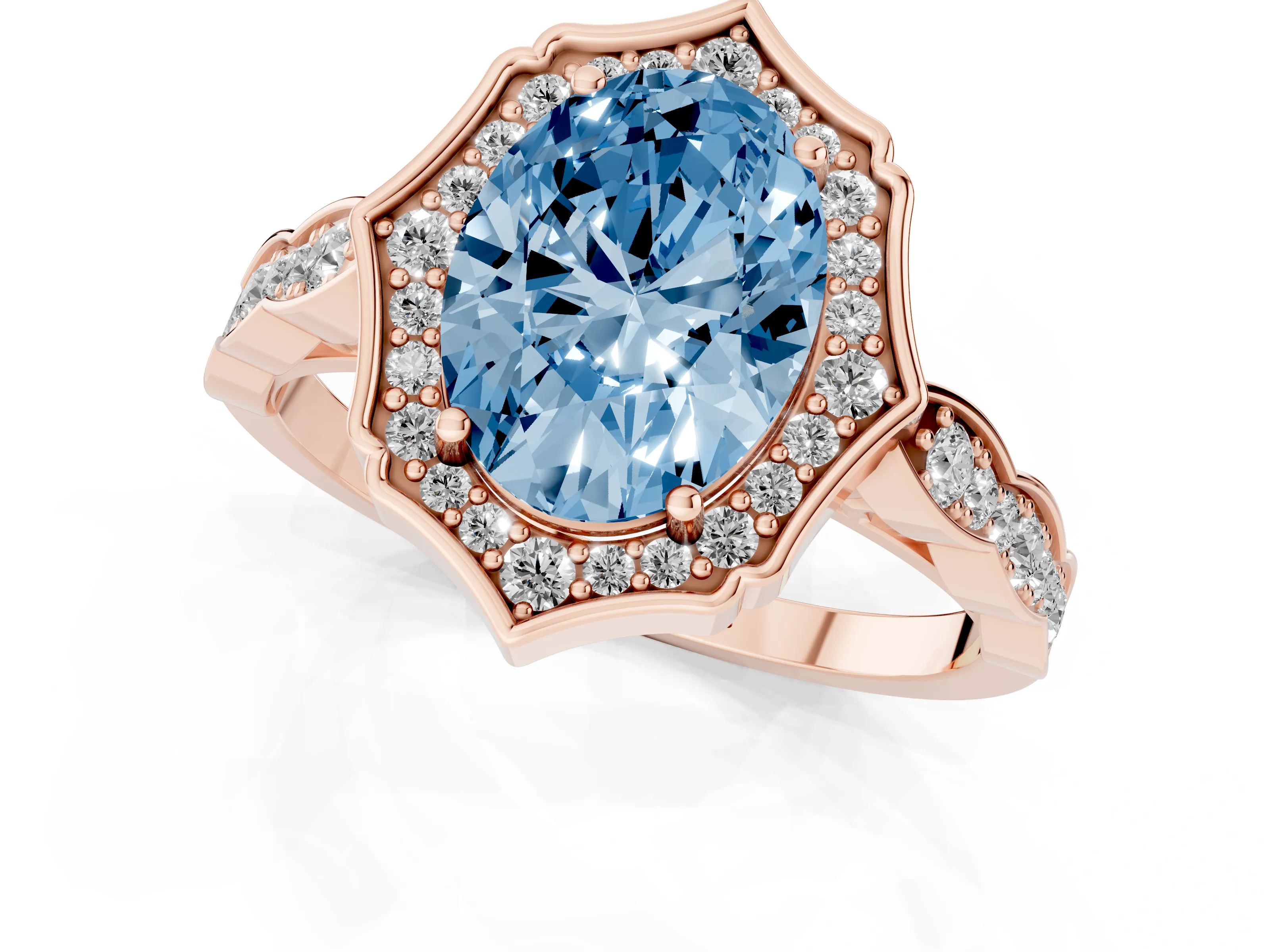 Fancy Blue Oval Cut Diamond Halo Engagement Ring Set in Rose gold with Milgrain Band and Prong Setting
