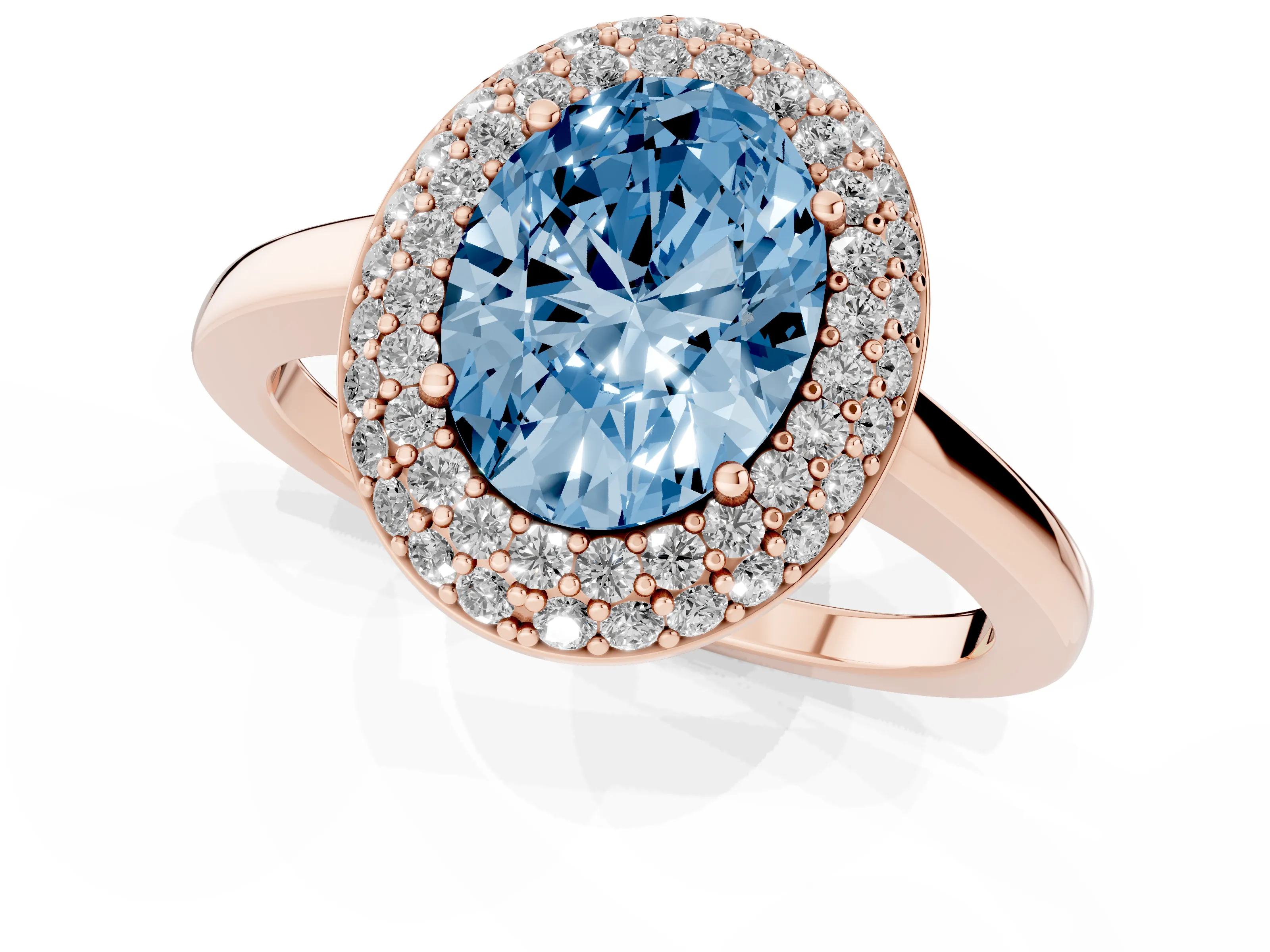 Fancy Blue Oval Cut Diamond Halo Engagement Ring Set in Rose gold with Solitaire Band and Prong Setting