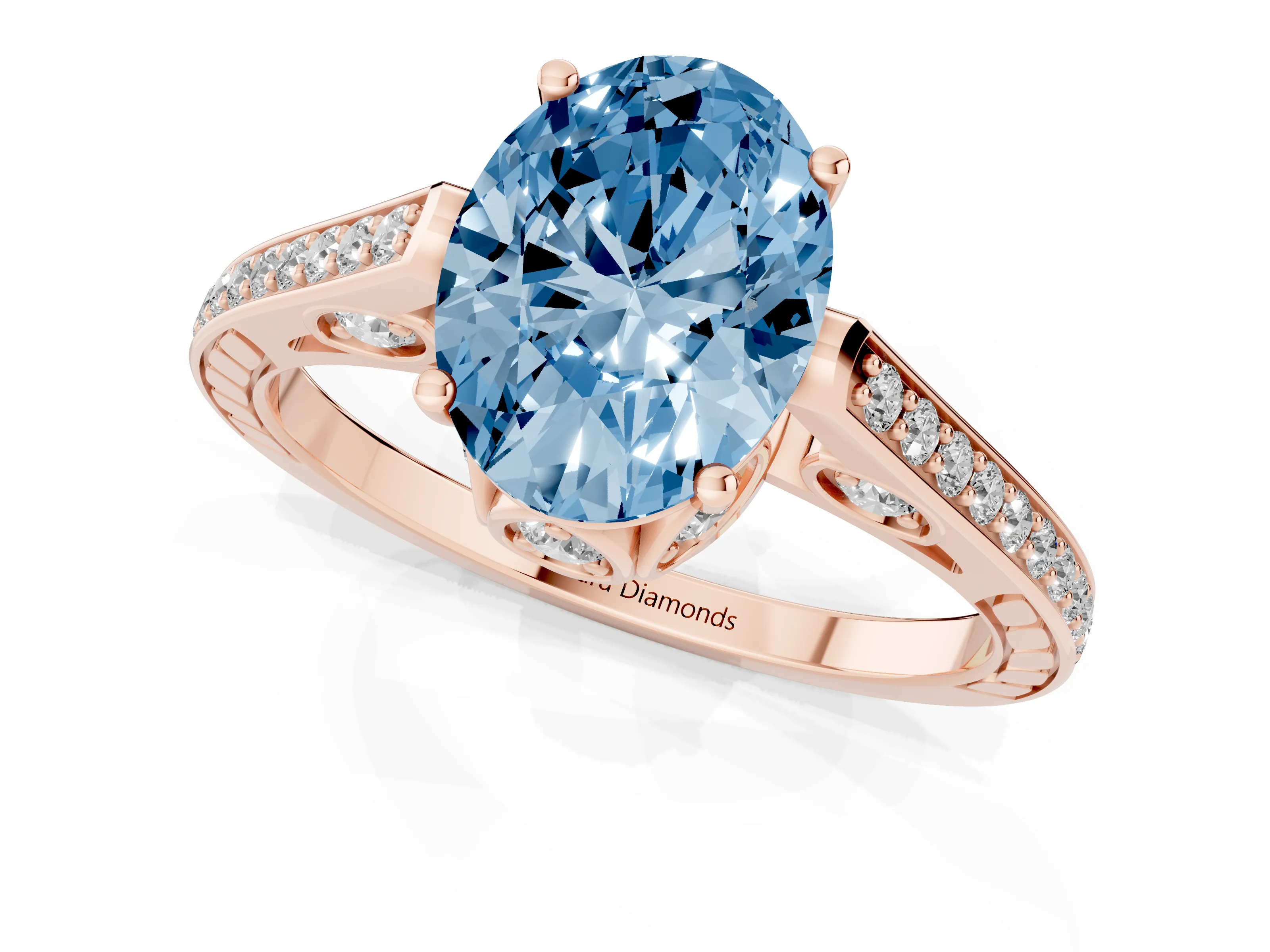 Fancy Blue Oval Cut Diamond Cathedral Pavé Engagement Ring Set in Rose gold with Prong Setting