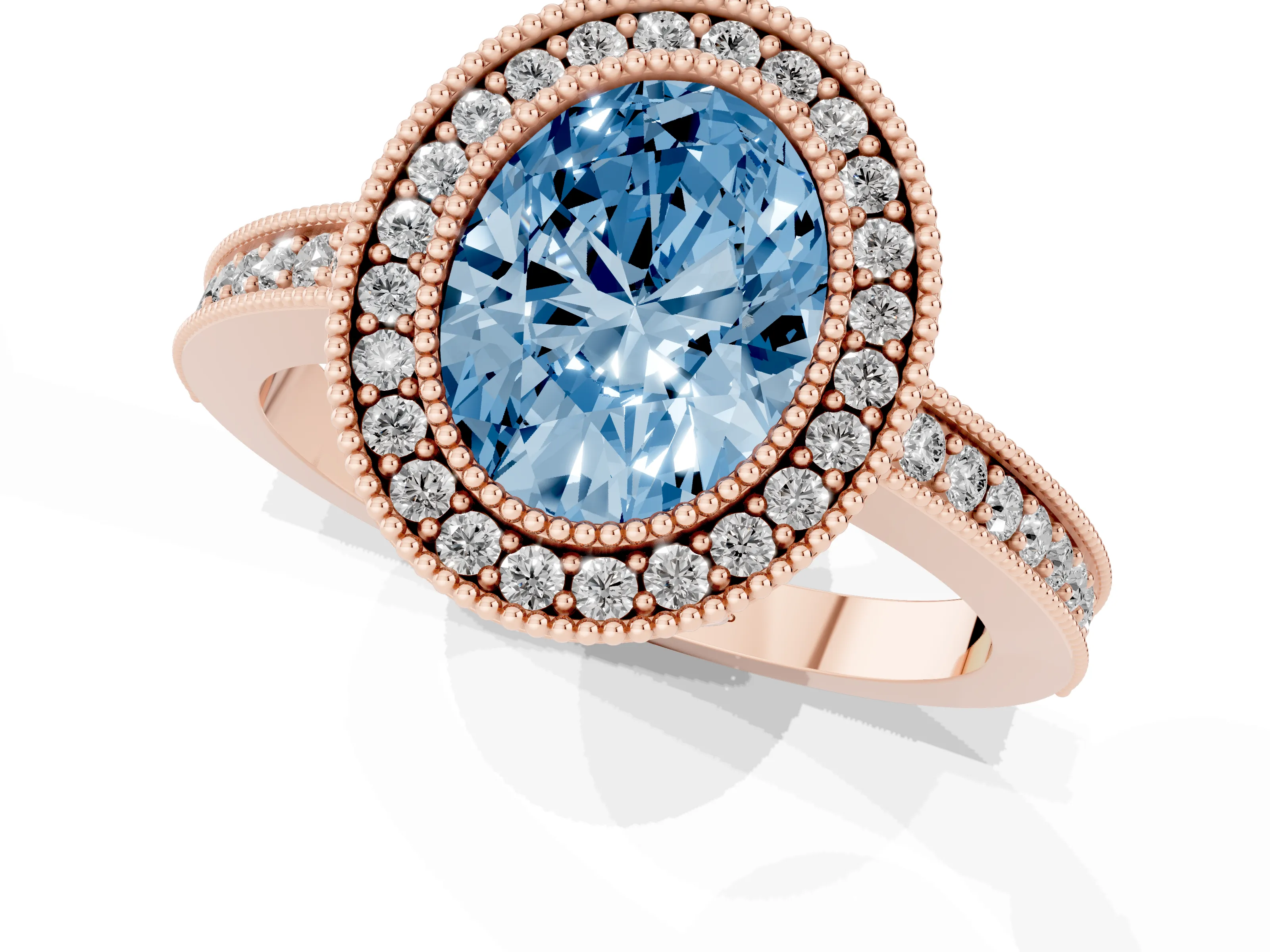 Fancy Blue Oval Cut Diamond Round Halo Ring Set in Rose gold with Pavé Band