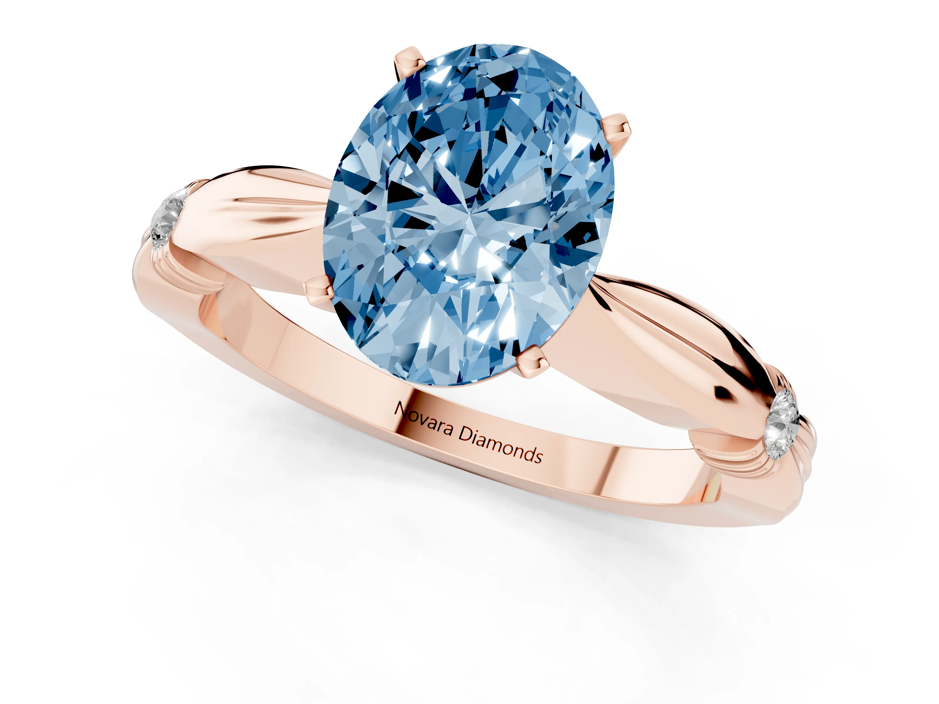 Fancy Blue Oval Cut Diamond Solitaire Twisted Band Ring Set in Rose gold with Accent Stones and Prong Setting