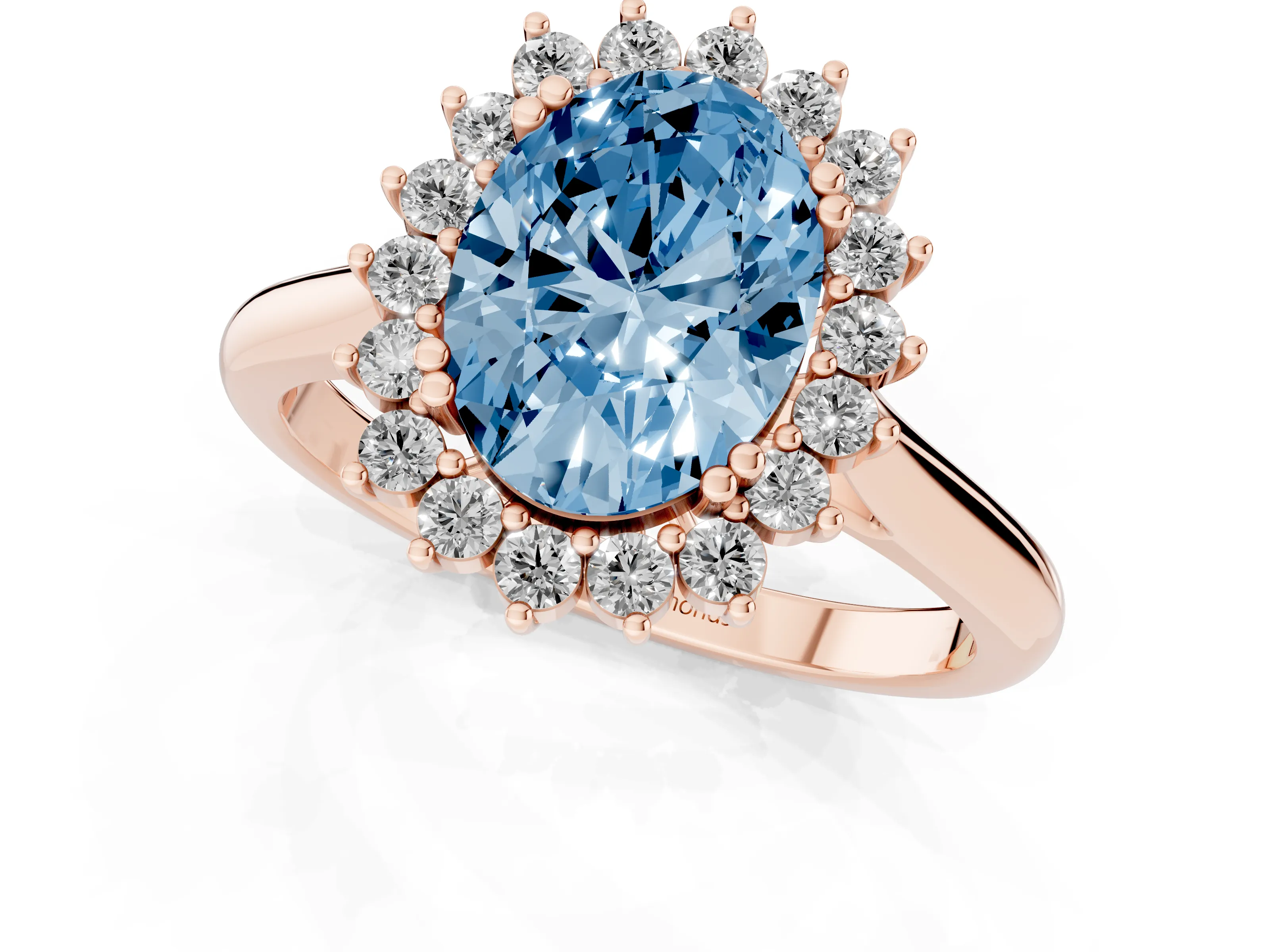 Fancy Blue Oval Cut Diamond Halo Ring Set in Rose gold with Plain Solitaire Band and Prong Setting