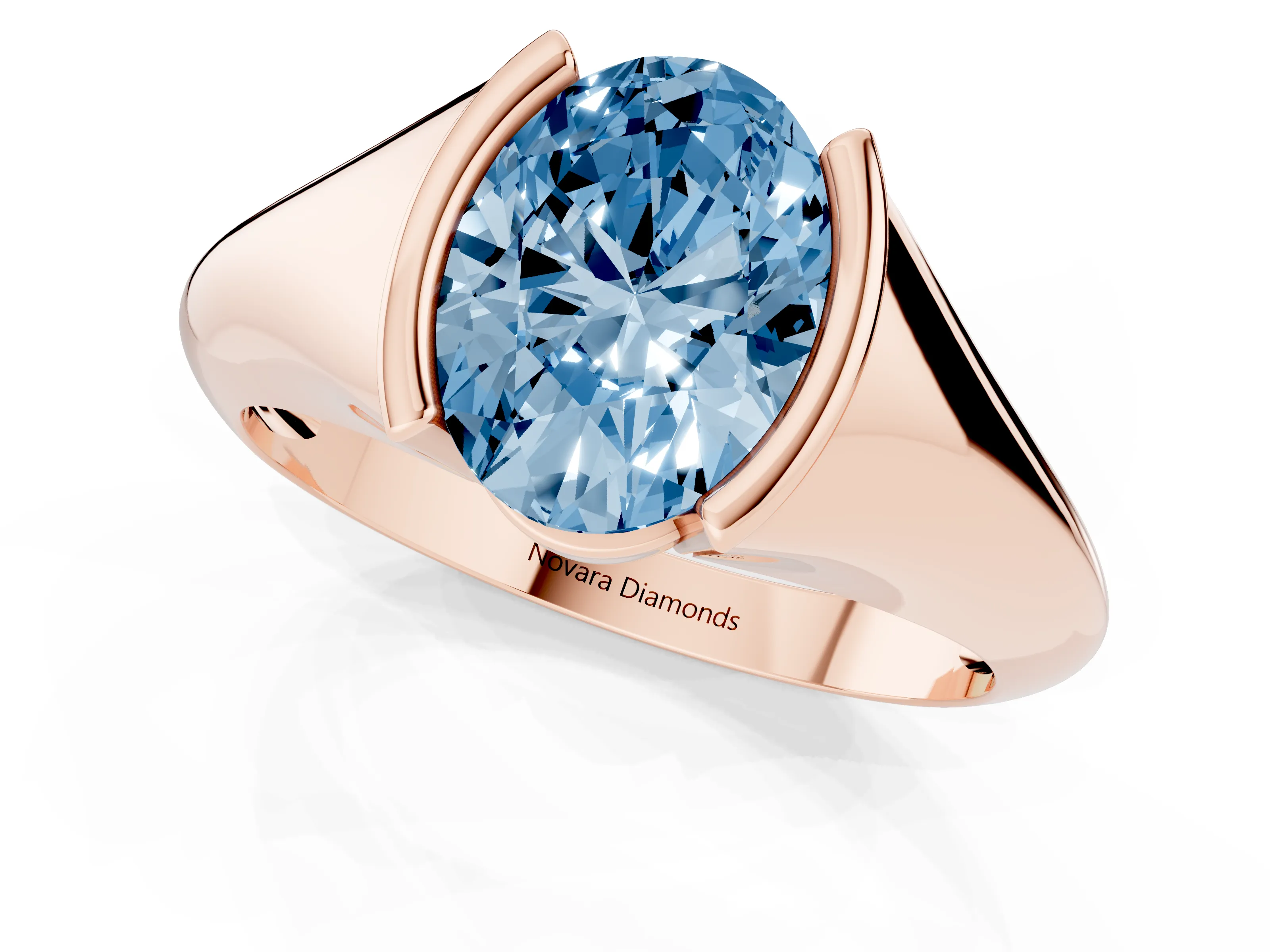 Fancy Blue Oval Cut Diamond Solitaire Tension Set Ring Set in Rose gold