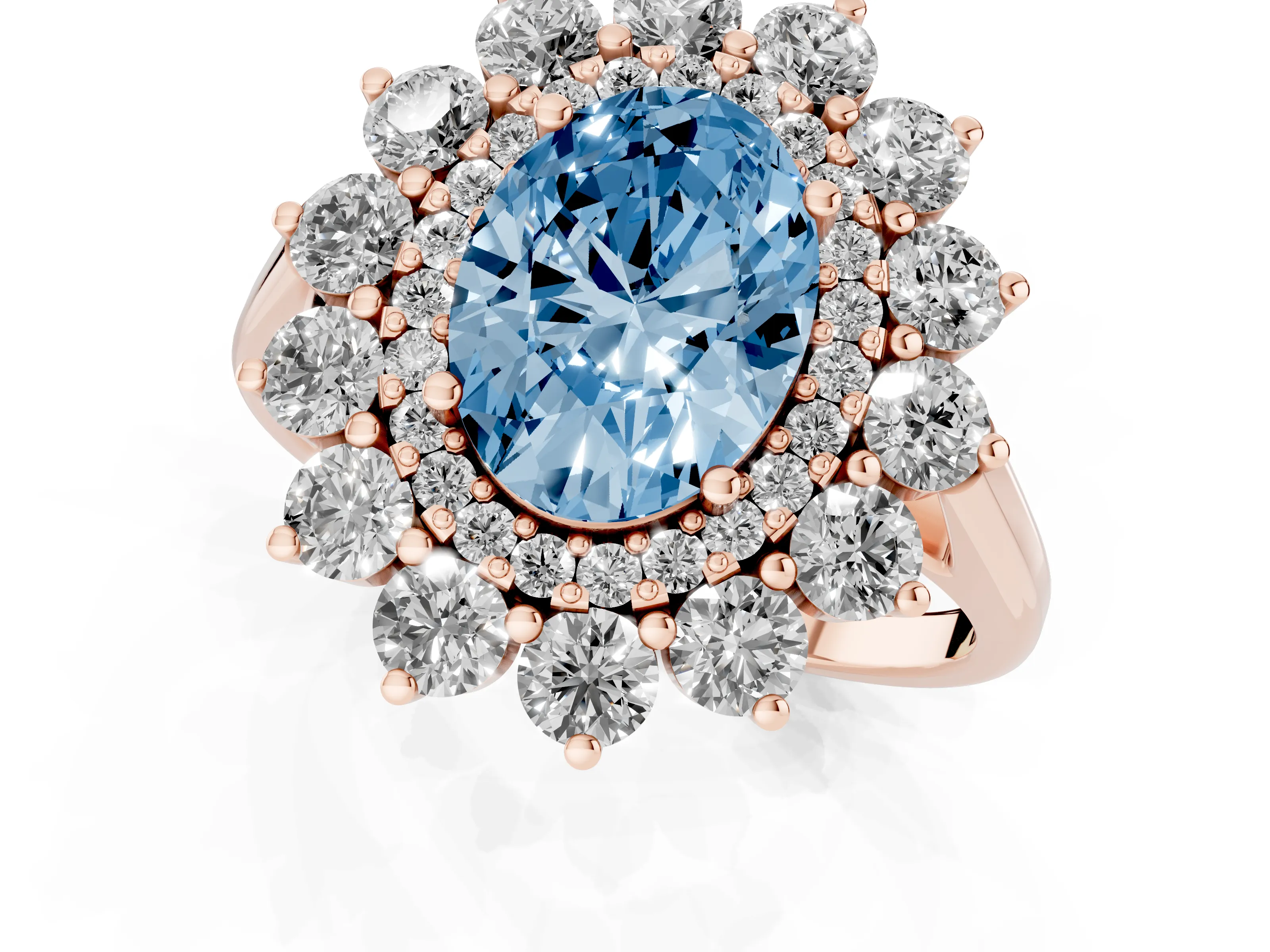 Fancy Blue Oval Cut Diamond Floral Double Halo Ring Set in Rose gold with Round Petals