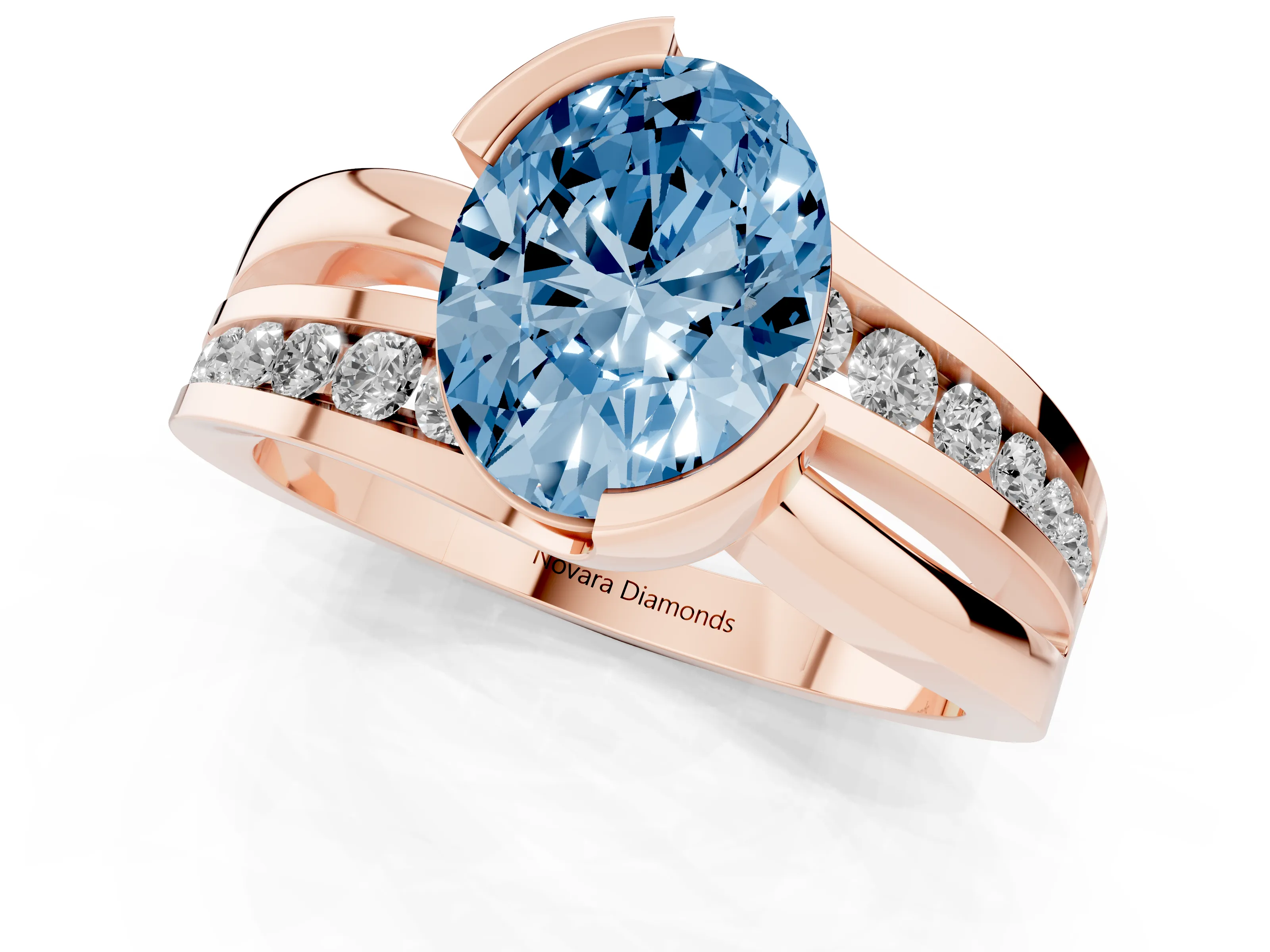 Fancy Blue Oval Cut Diamond Solitaire Ring Set in Rose gold with Channel Set Split Shank and Tension Prongs