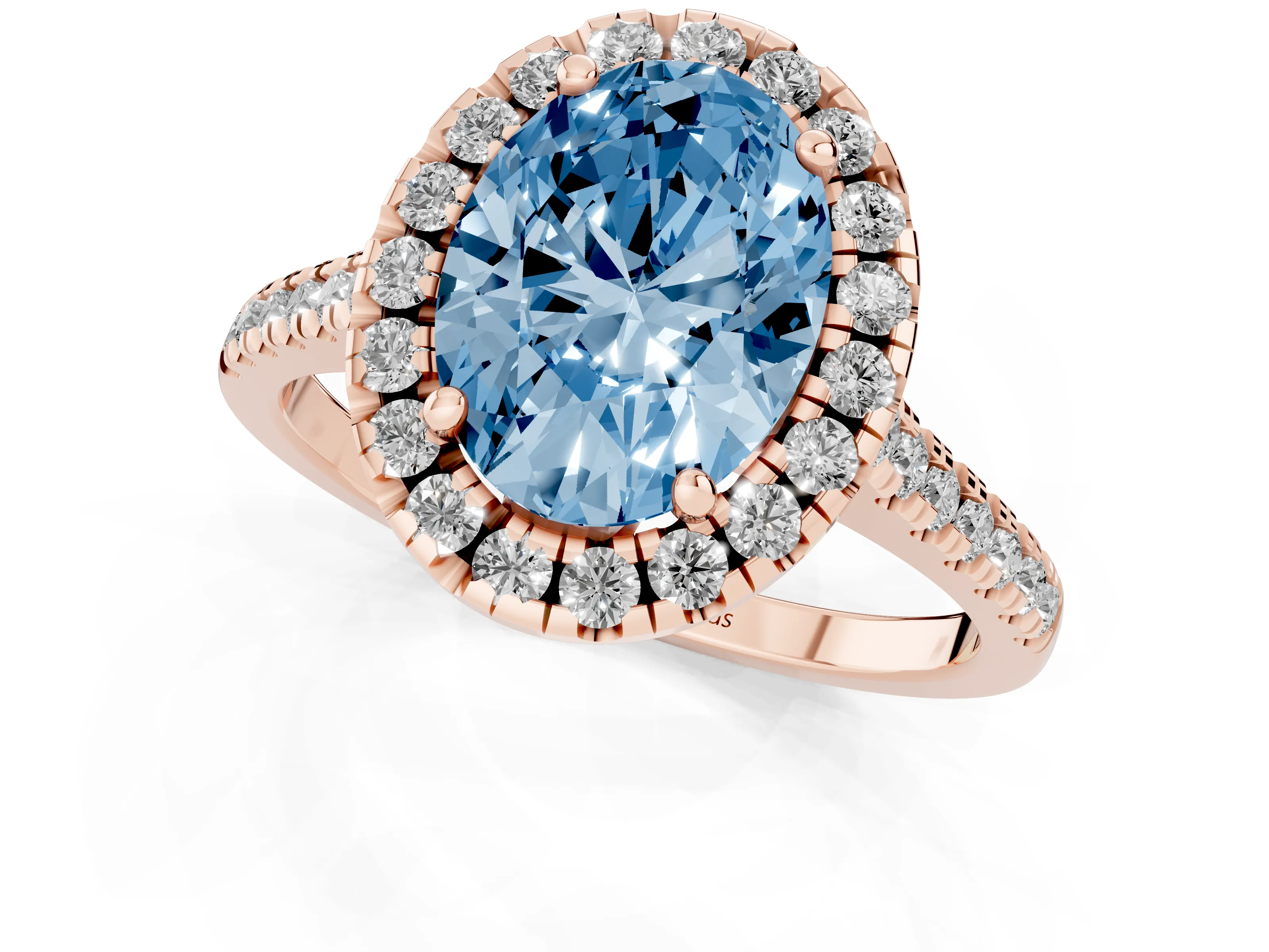 Fancy Blue Oval Cut Diamond Cushion Halo Ring Set in Rose gold with Pavé Band