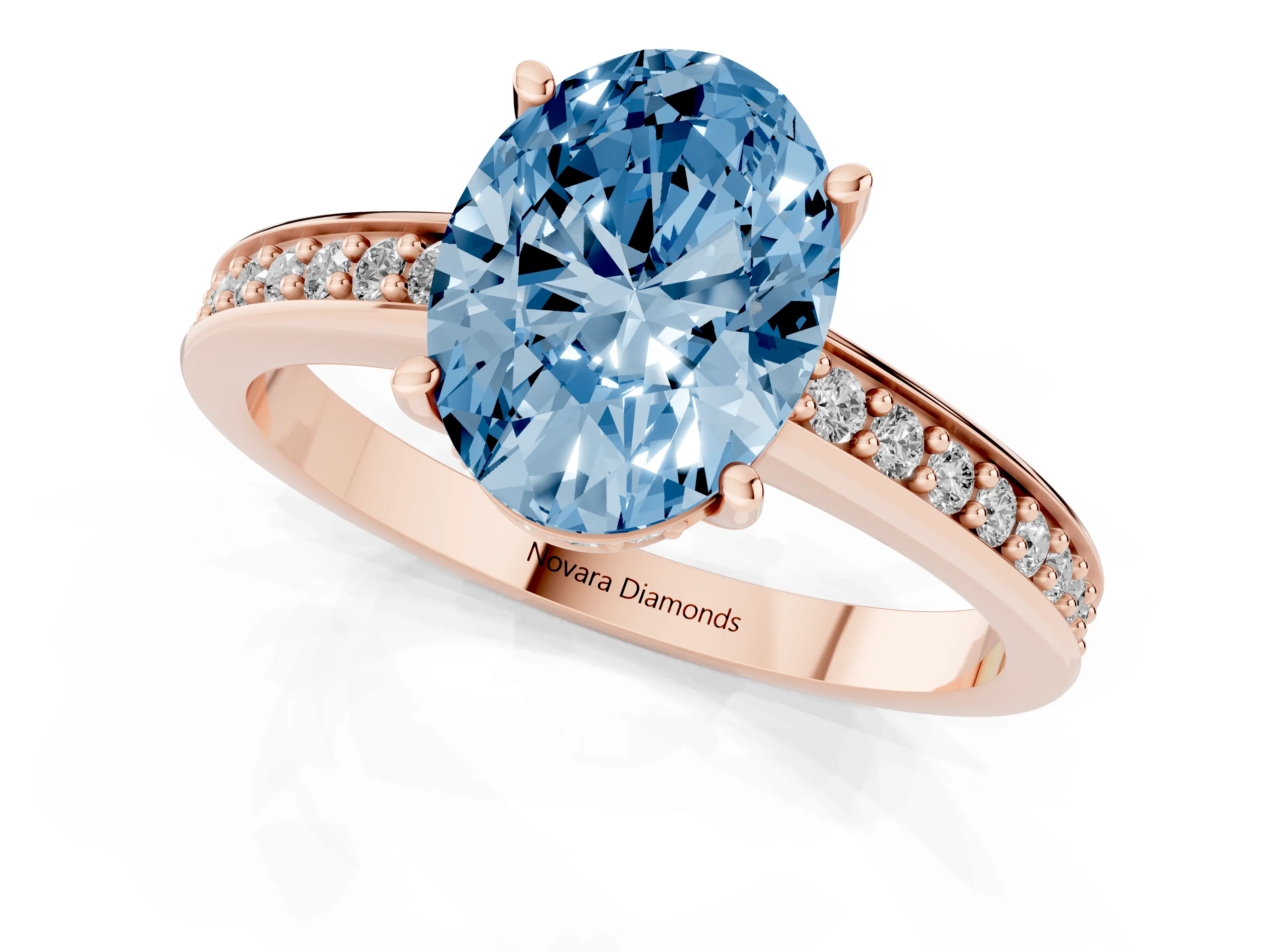 Fancy Blue Oval Cut Diamond Pavé Band Prong Set Solitaire Ring Set in Rose gold