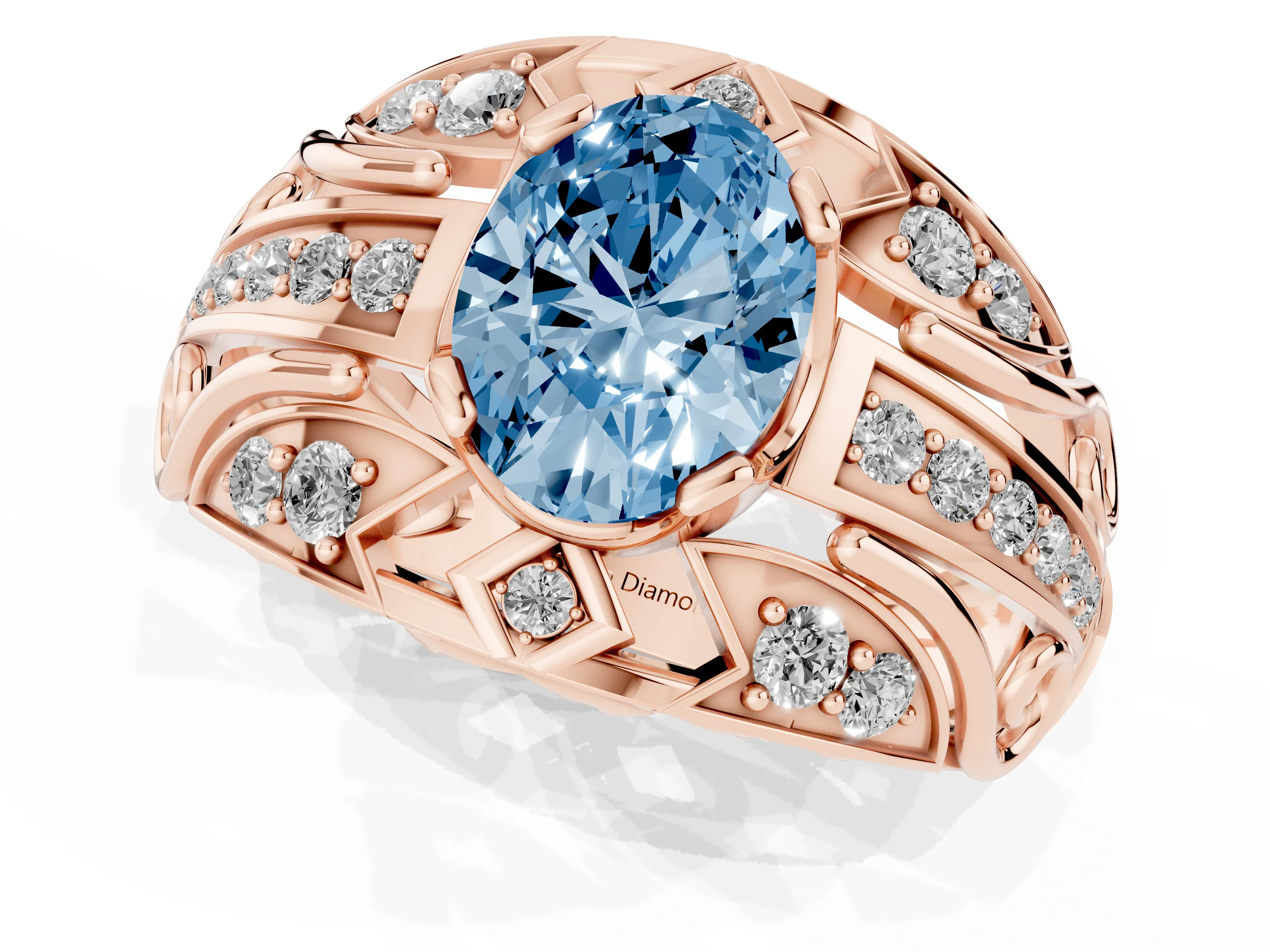 Fancy Blue Oval Cut Diamond Art Deco Ring Set in Rose gold with Pavé Split Shank