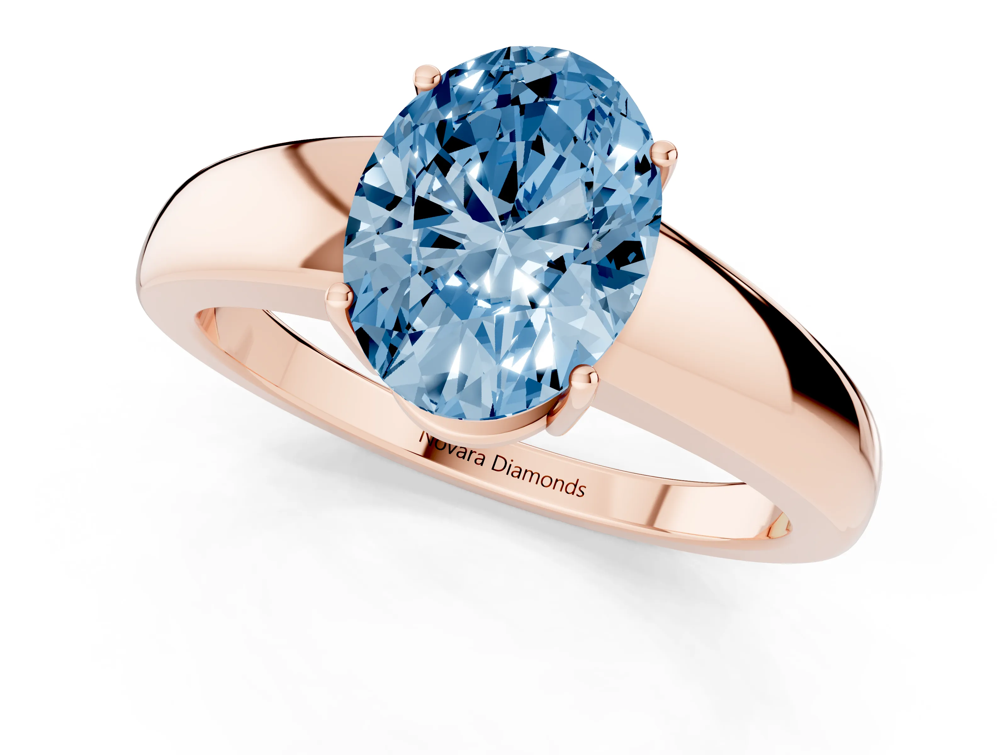 Fancy Blue Oval Cut Diamond Solitaire Ring Set in Rose gold with Tapered Band and Prong Setting