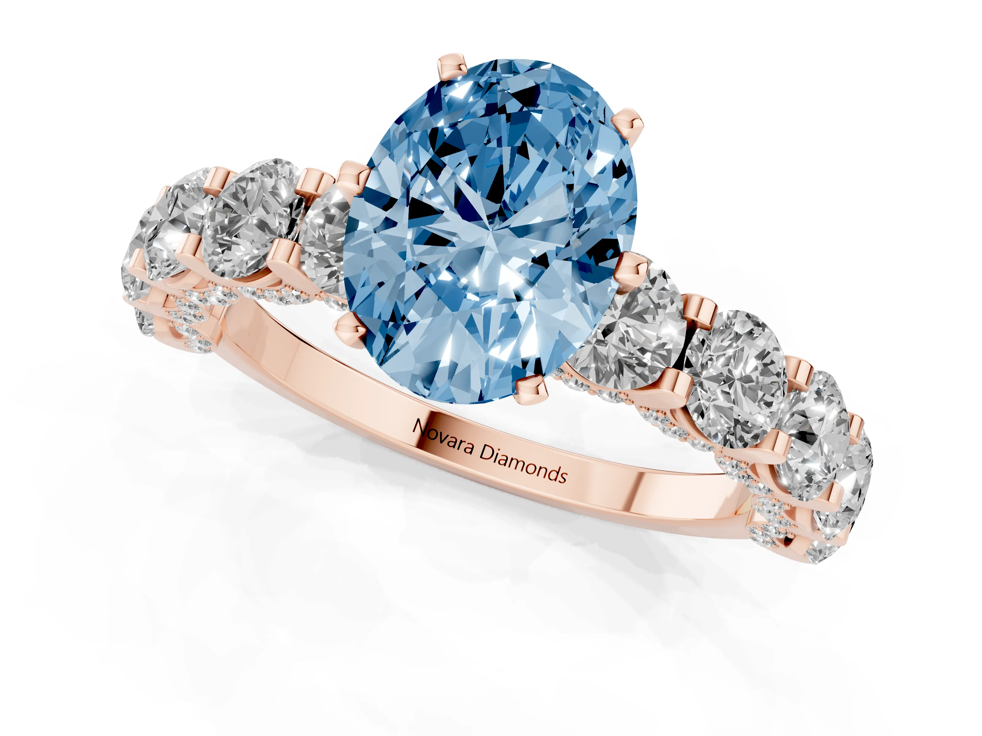 Fancy Blue Oval Cut Diamond Side Stone Ring Set in Rose gold with Alternating Round and Oval Side Stones