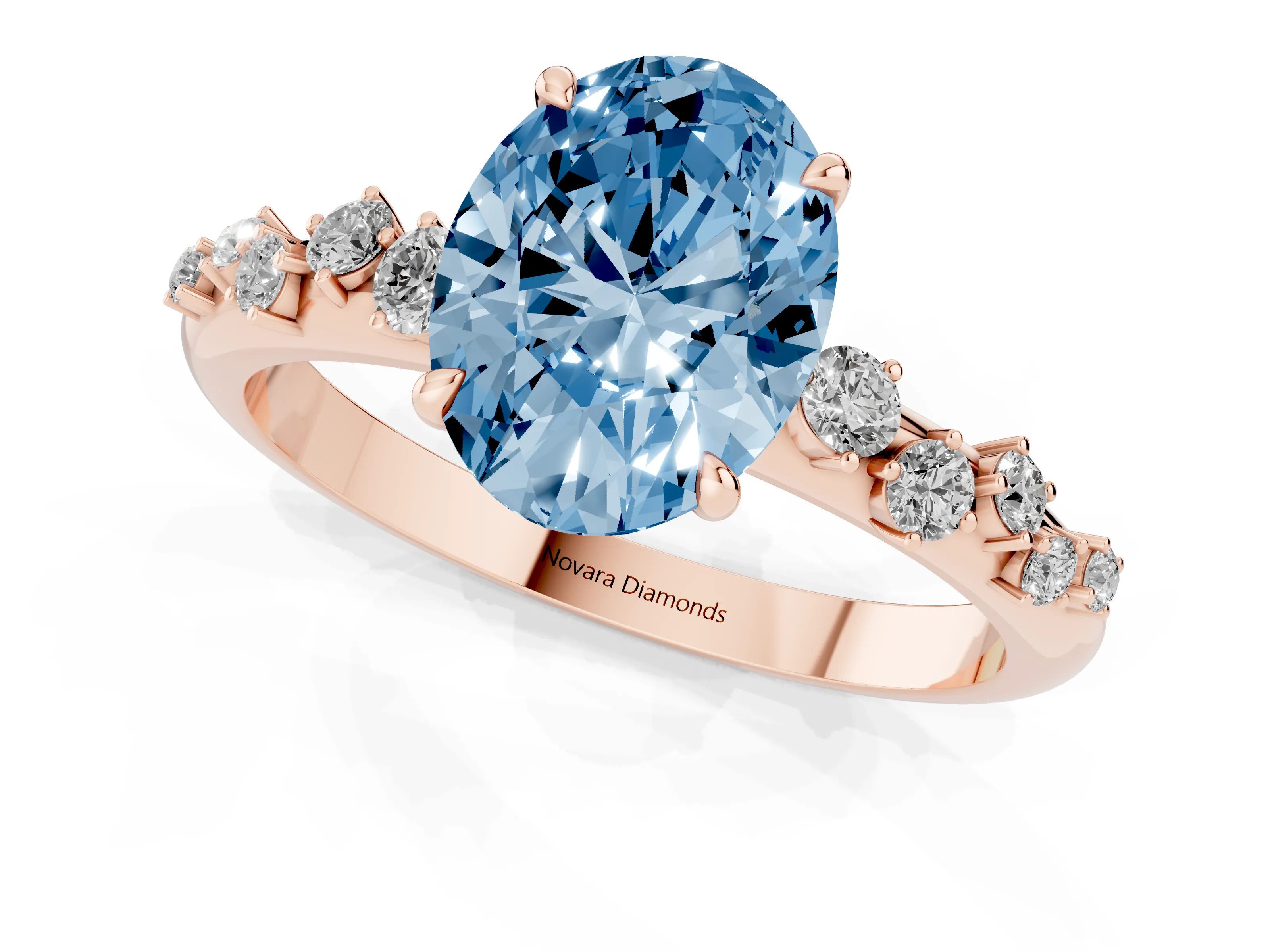 Fancy Blue Oval Cut Diamond Cluster Solitaire Ring Set in Rose gold with Prong Setting