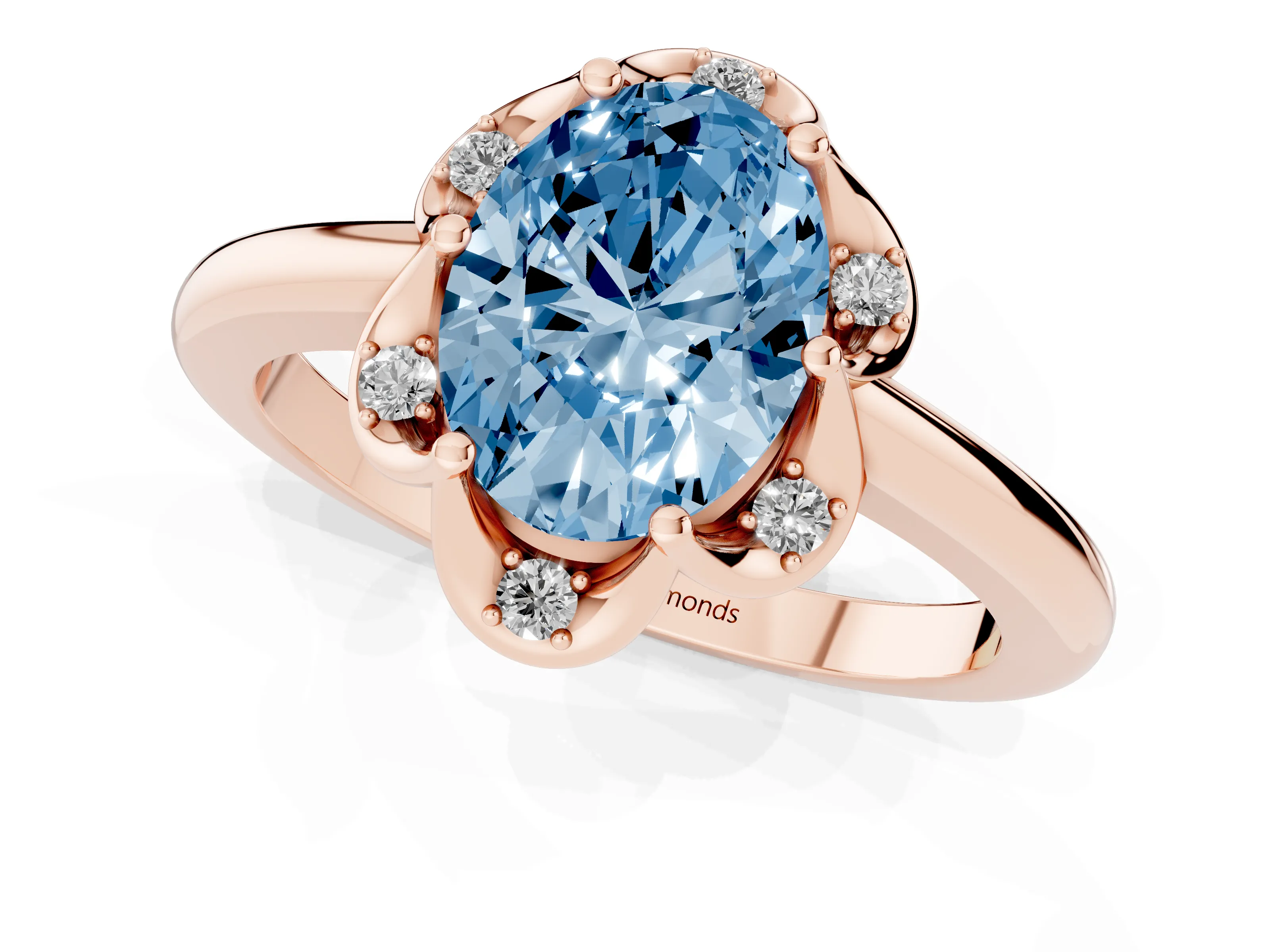 Fancy Blue Oval Cut Diamond Round Cluster Halo Ring Set in Rose gold with Solitaire Band and Prong Setting