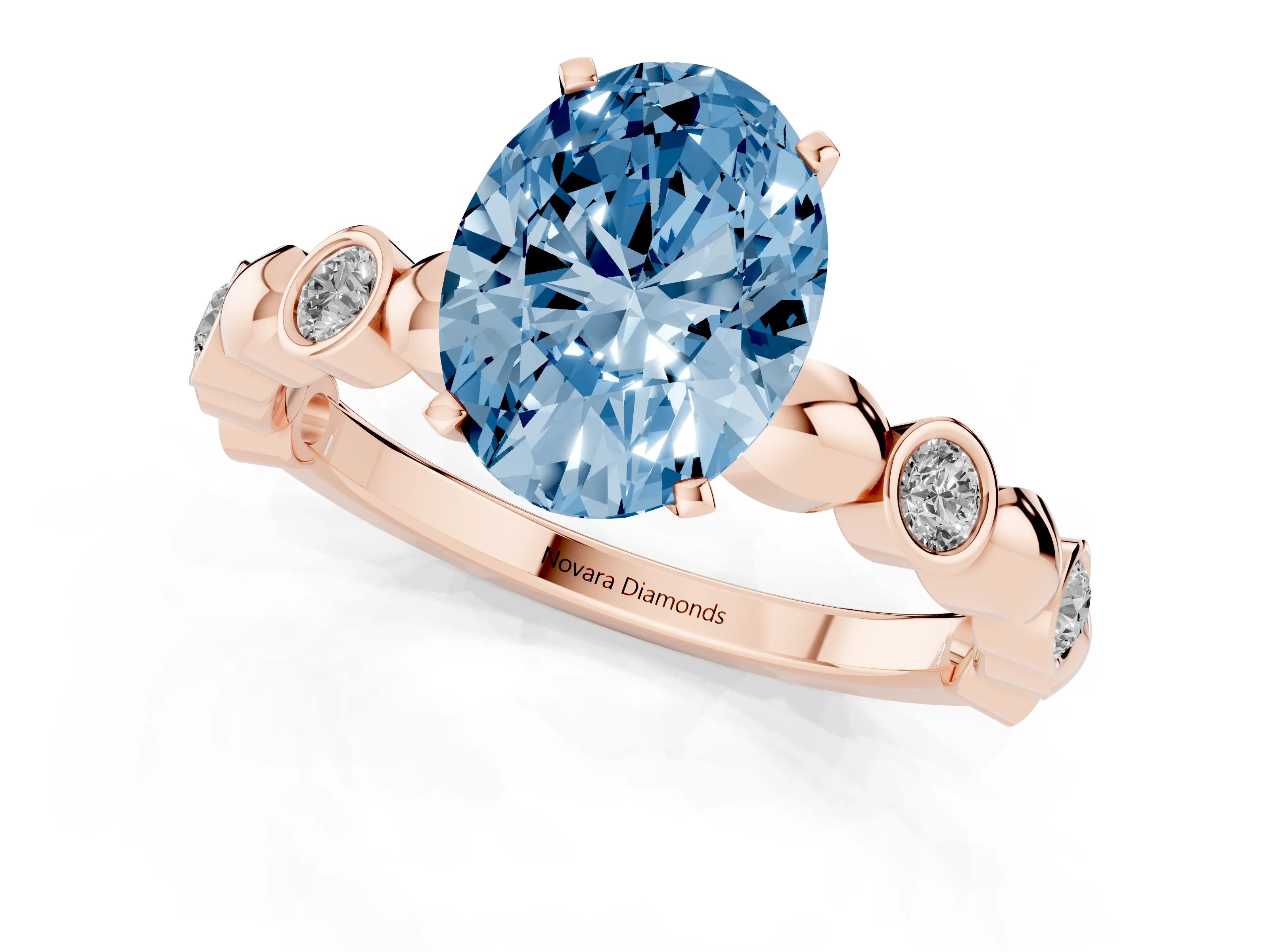 Fancy Blue Oval Cut Diamond Solitaire Ring Set in Rose gold with Bezel-Set Accents on Beaded Band and Prong Setting