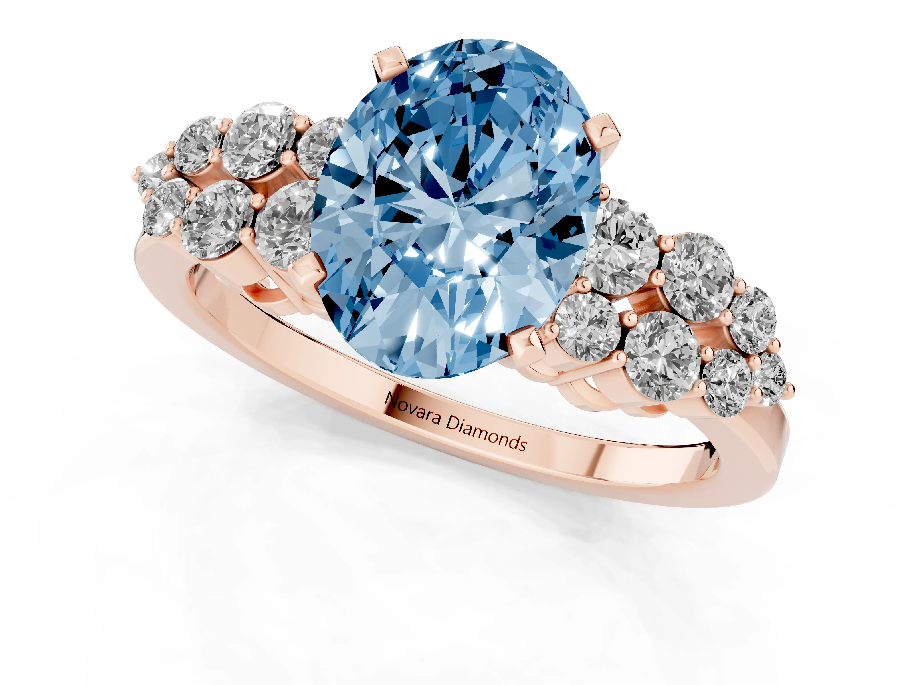 Fancy Blue Oval Cut Diamond Cluster Engagement Ring Set in Rose gold with Pavé Band and Prong Setting