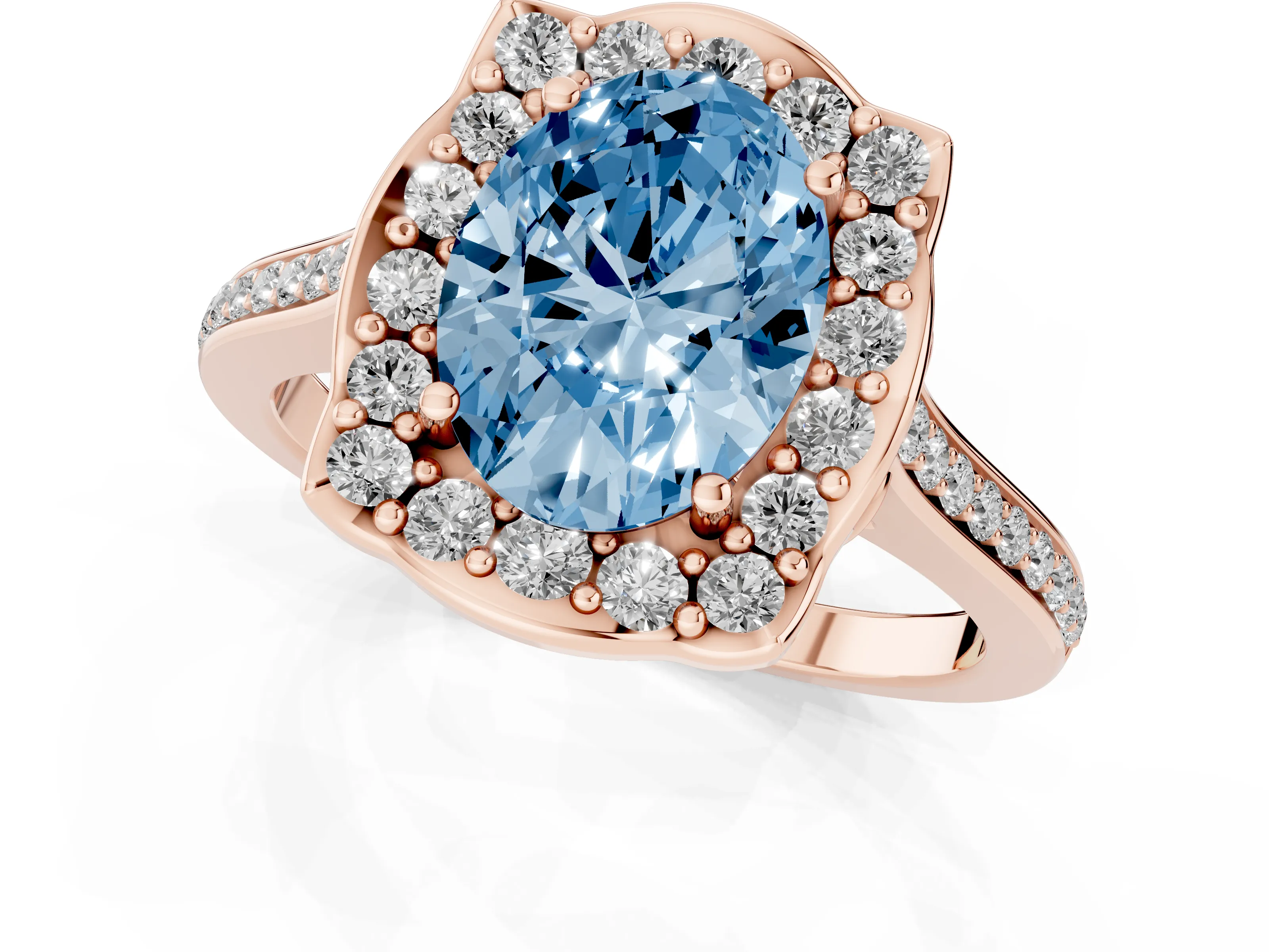 Fancy Blue Oval Cut Diamond Halo Ring Set in Rose gold with Pavé-Lined Shoulders and Prong Setting