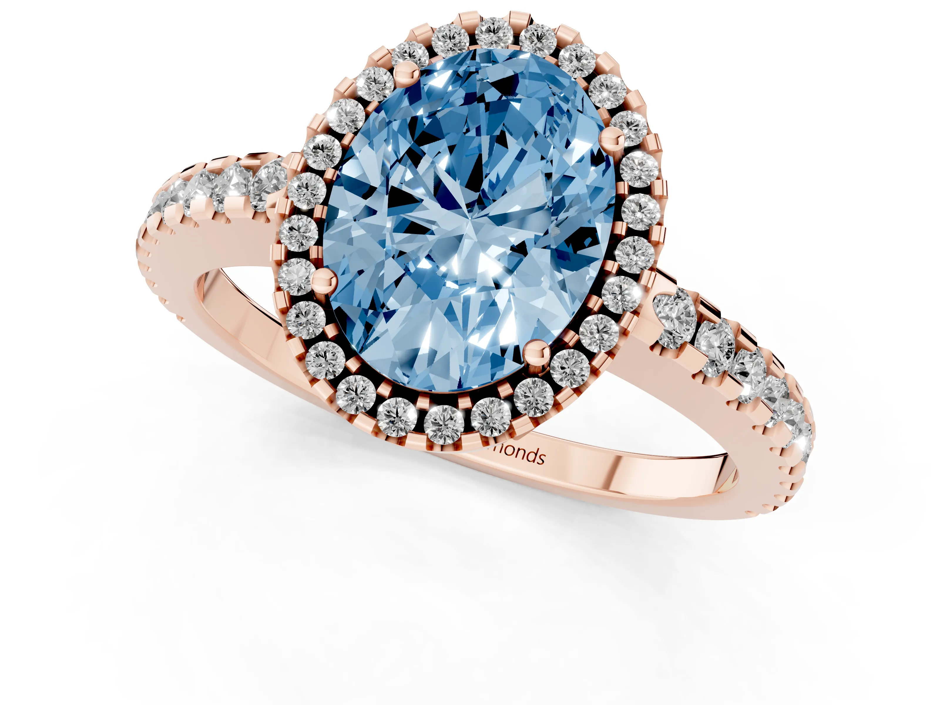 Fancy Blue Oval Cut Diamond Halo Ring Set in Rose gold with Pavé Shoulders and Halo-Framed Center