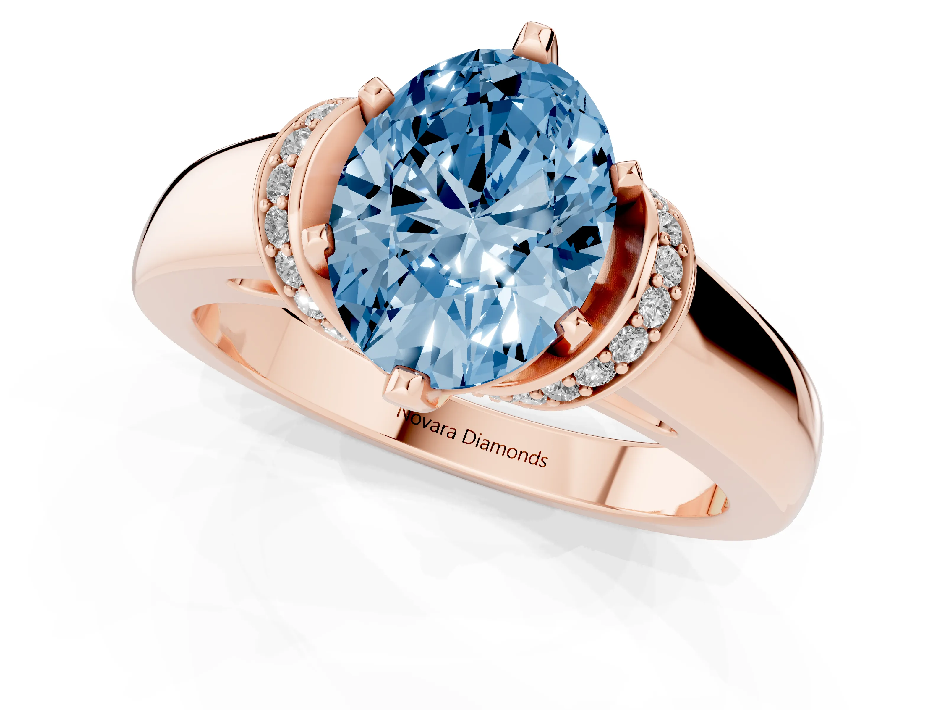 Fancy Blue Oval Cut Diamond Pavé Band Solitaire Ring Set in Rose gold with Prong Setting