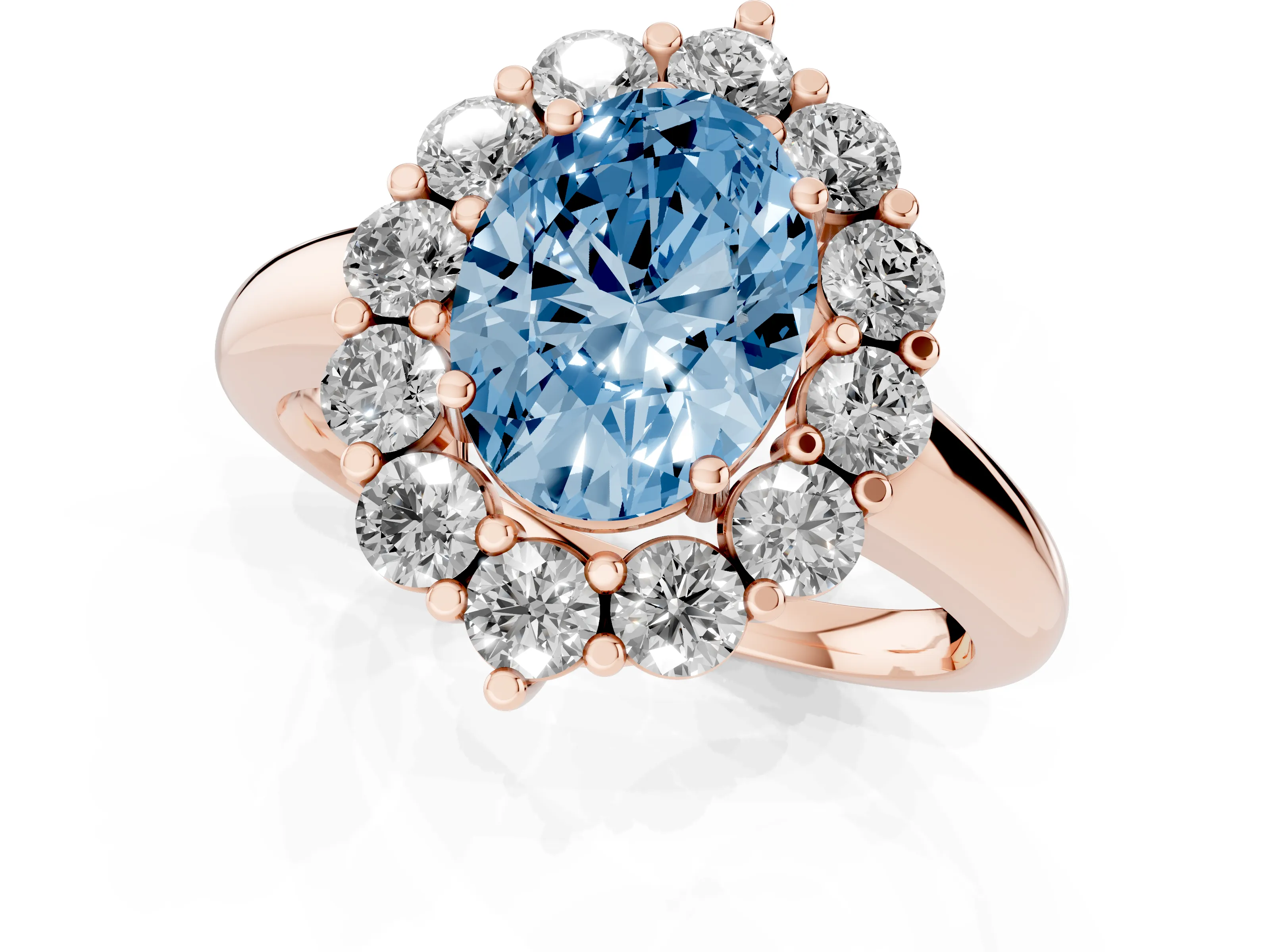 Fancy Blue Oval Cut Diamond Halo Cluster Engagement Ring Set in Rose gold with Polished Band and Prong Setting