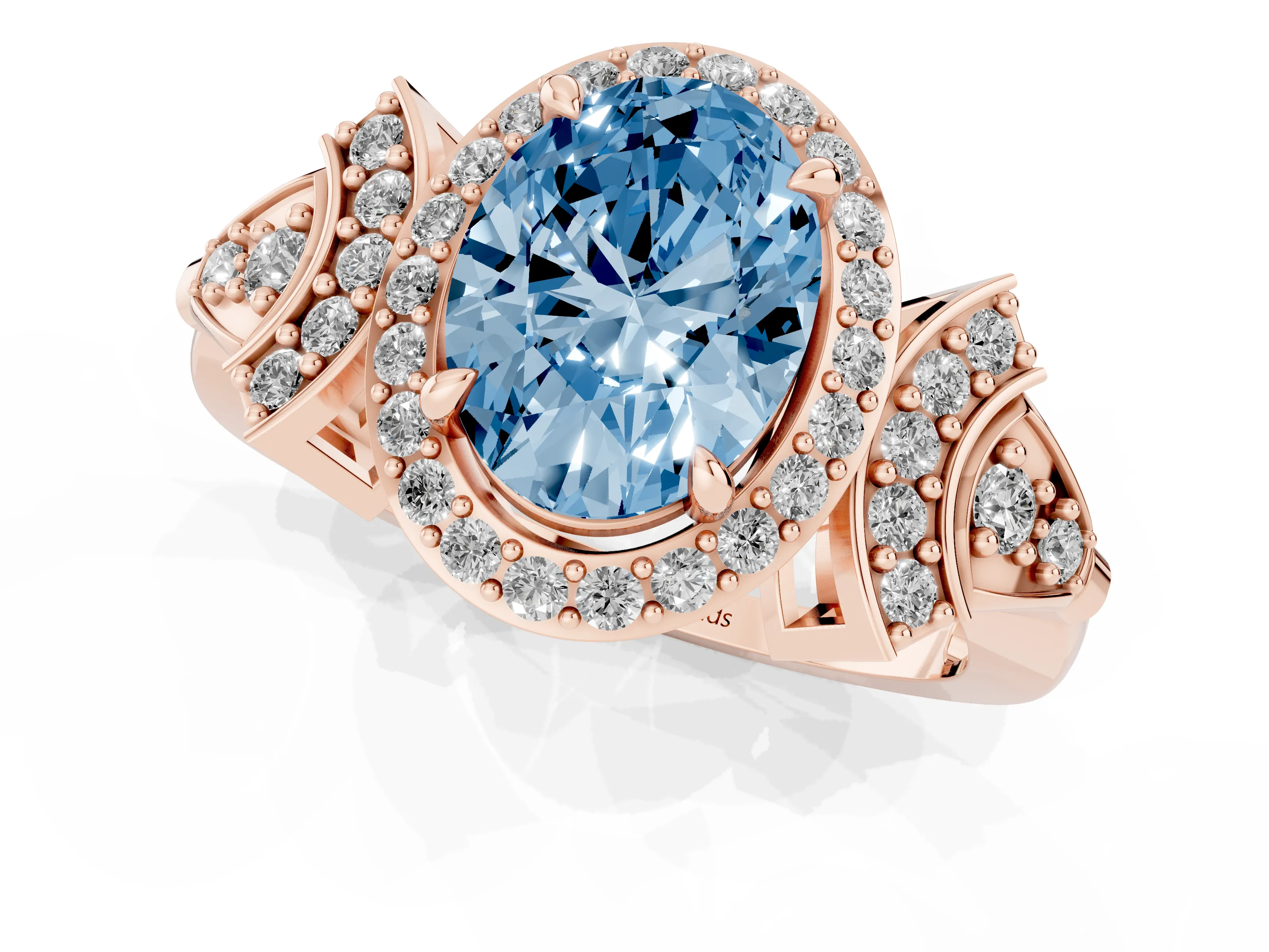 Fancy Blue Oval Cut Diamond Halo Engagement Ring Set in Rose gold with Accent Stone Split Shank